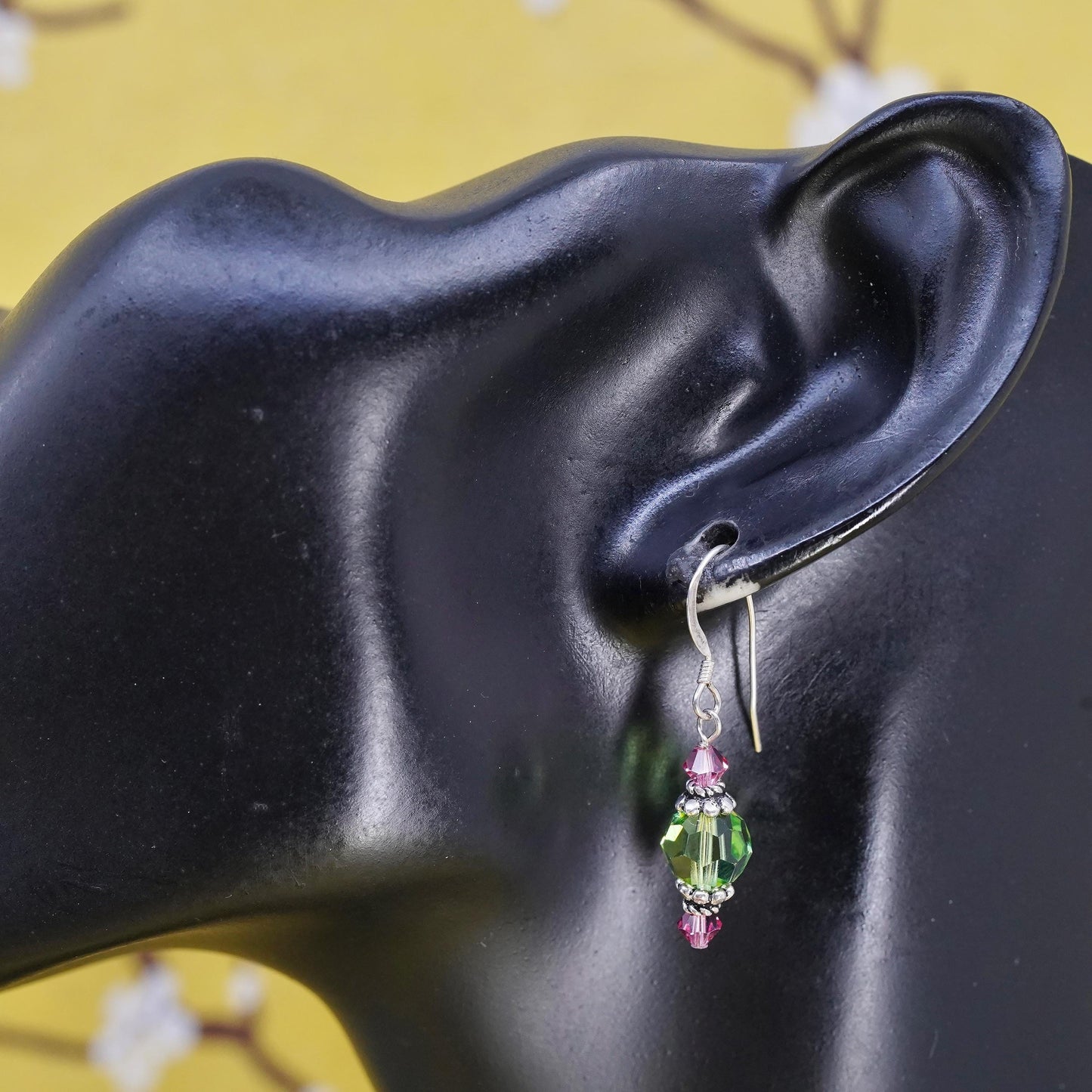 Vintage Sterling silver handmade earrings, 925 hooks with green crystal beads