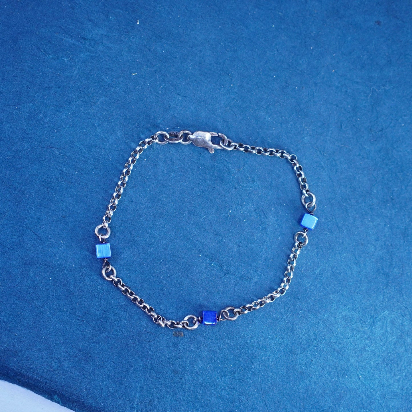 7”, Italy Sterling silver bracelet, 925 bold circle chain blue cats eye cubes