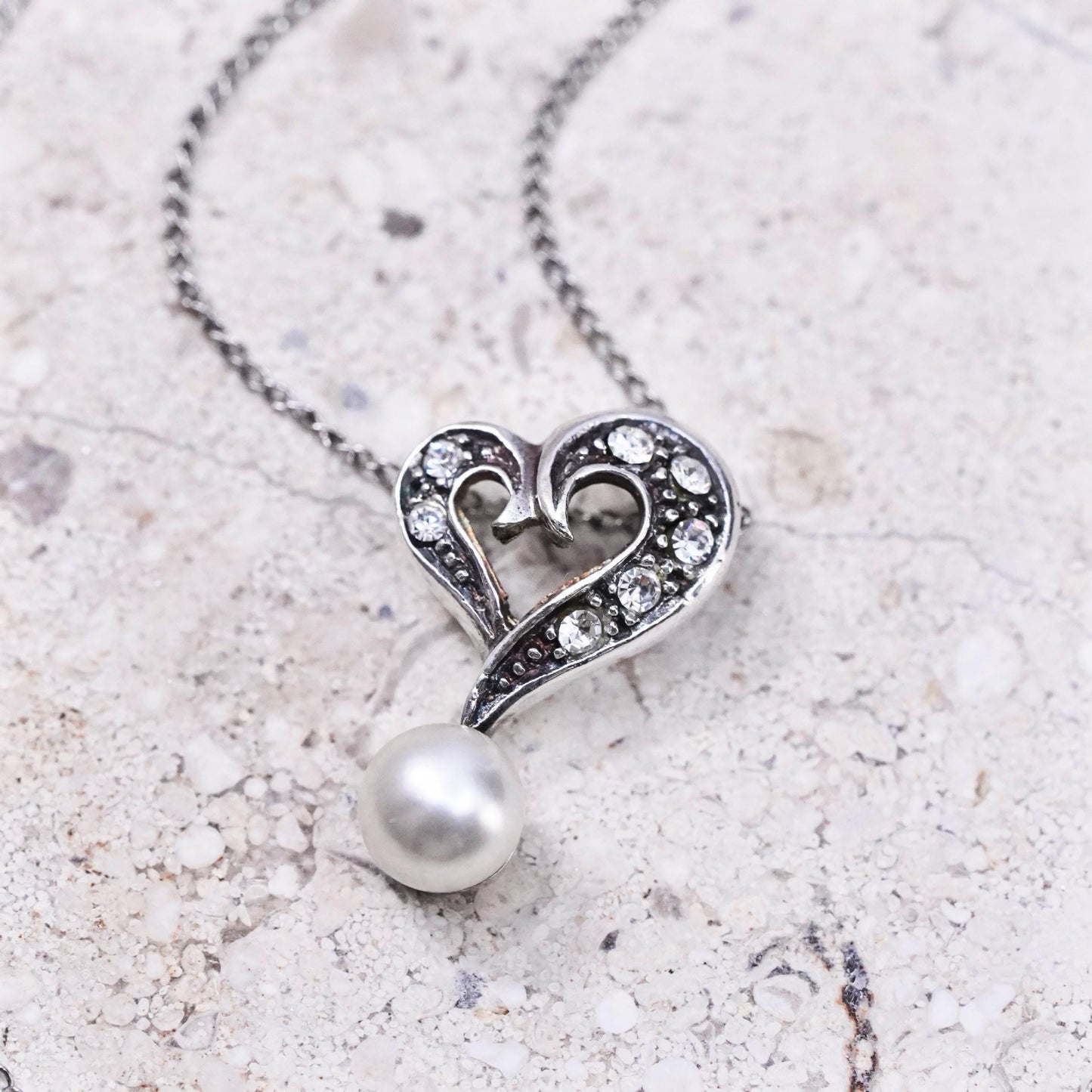 18", vintage Sterling silver necklace, 925 curb chain heart pearl cz pendant