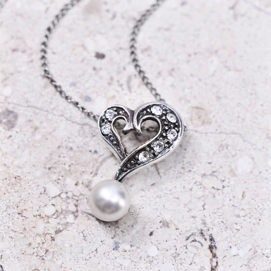 18", vintage Sterling silver necklace, 925 curb chain heart pearl cz pendant