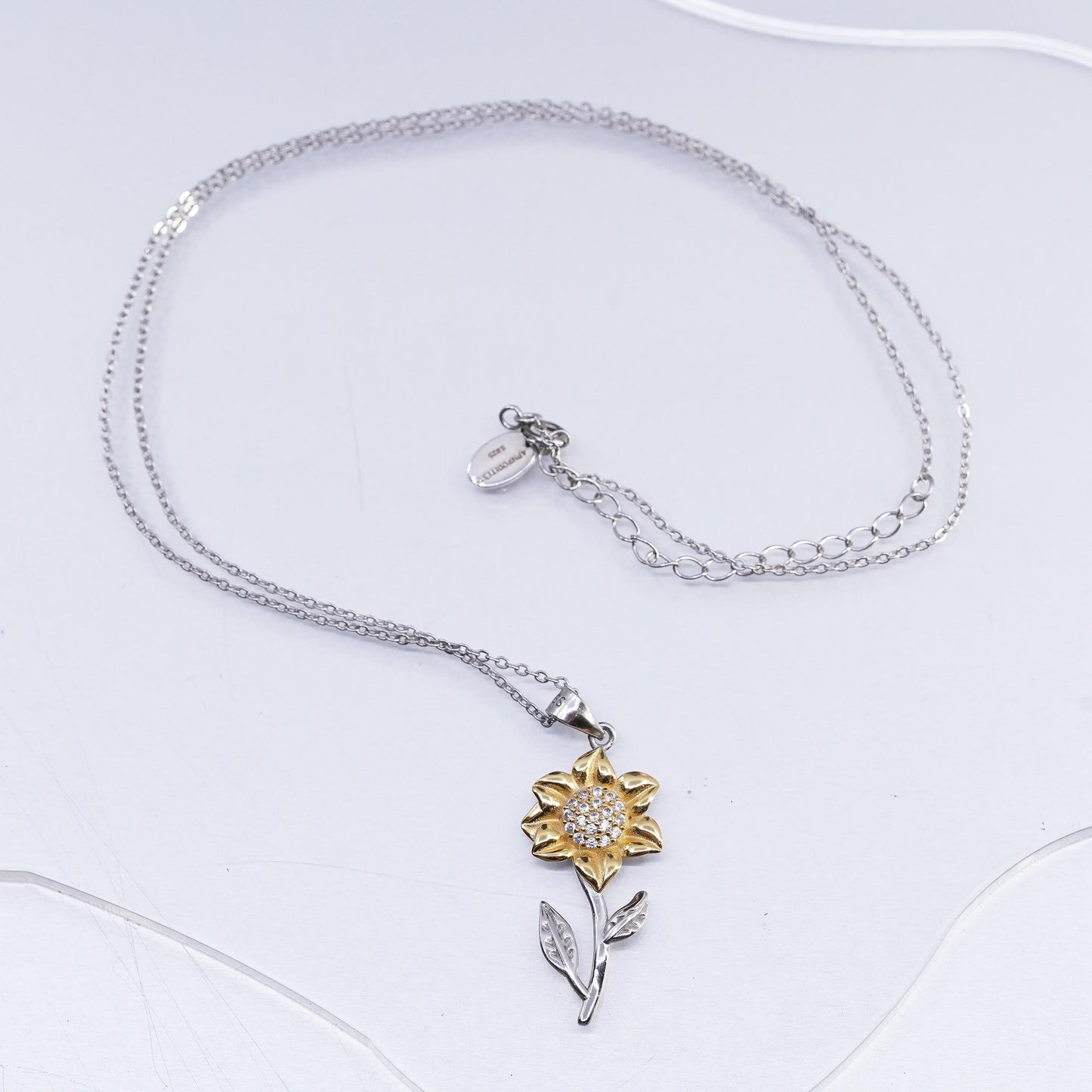 Aphrodite Jewelry, Sterling 925 silver necklace two tone sunflower pendant