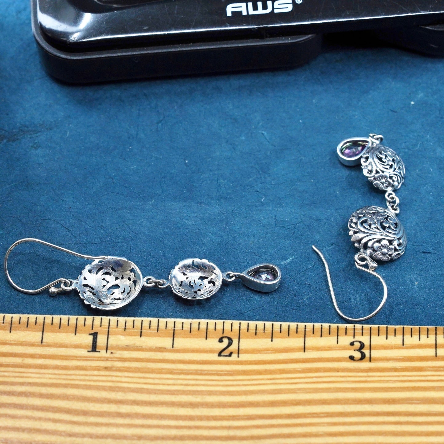 Sterling silver earrings, 925 filigree drops teardrop rainbow topaz