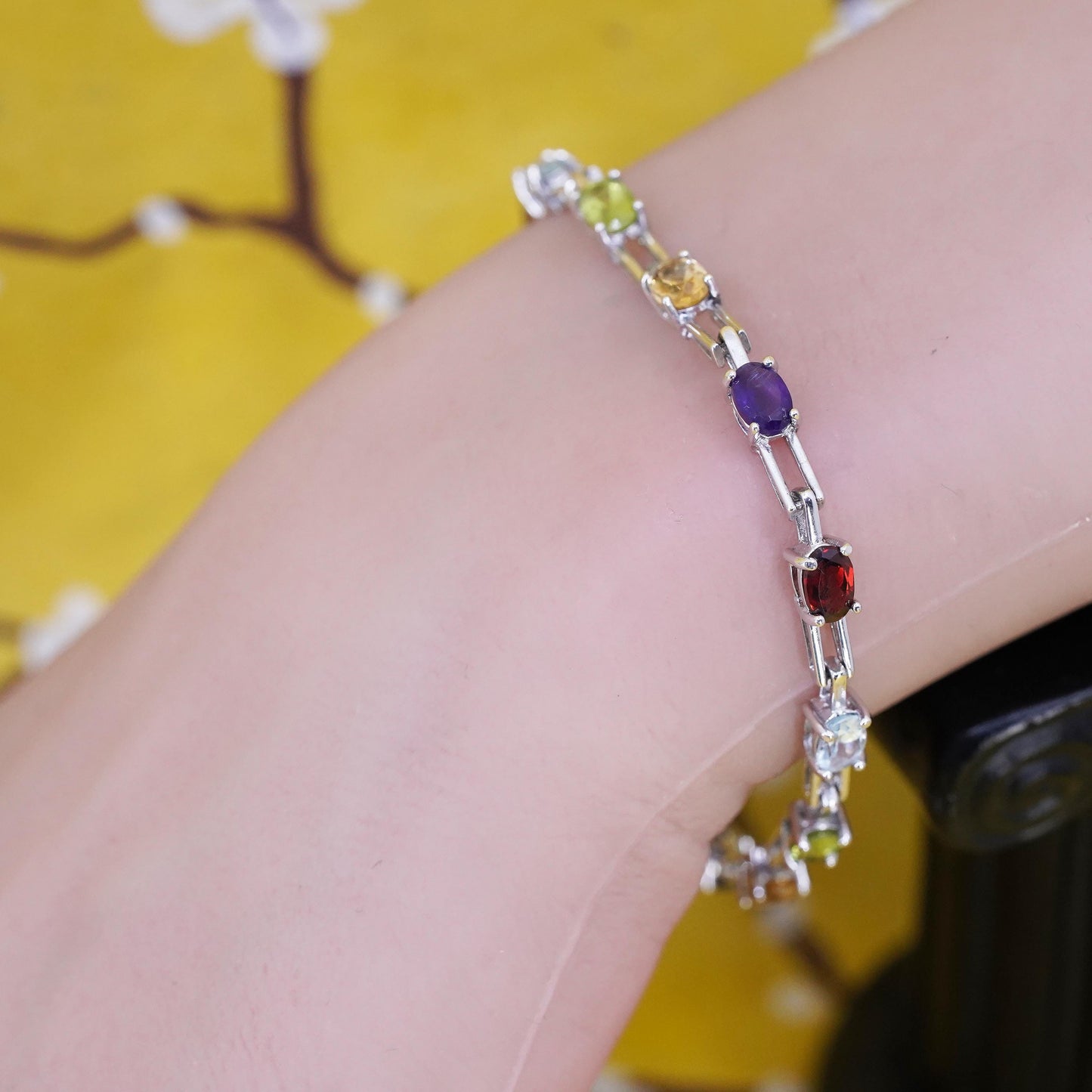 6.75”, Sterling silver tennis bracelet, 925 link amethyst topaz peridot citrine