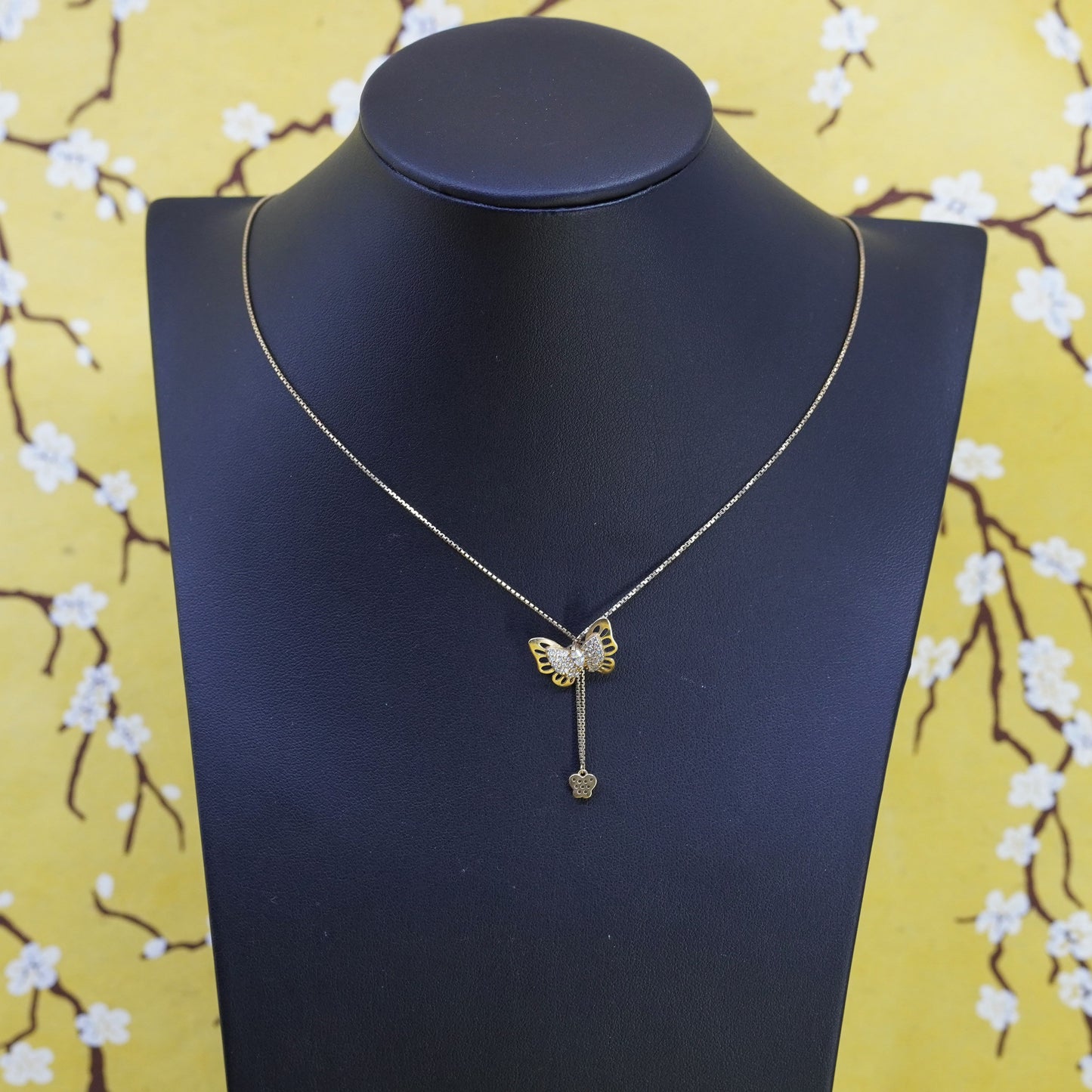 28” vermeil gold over Sterling silver necklace, 925 box chain butterfly pendant