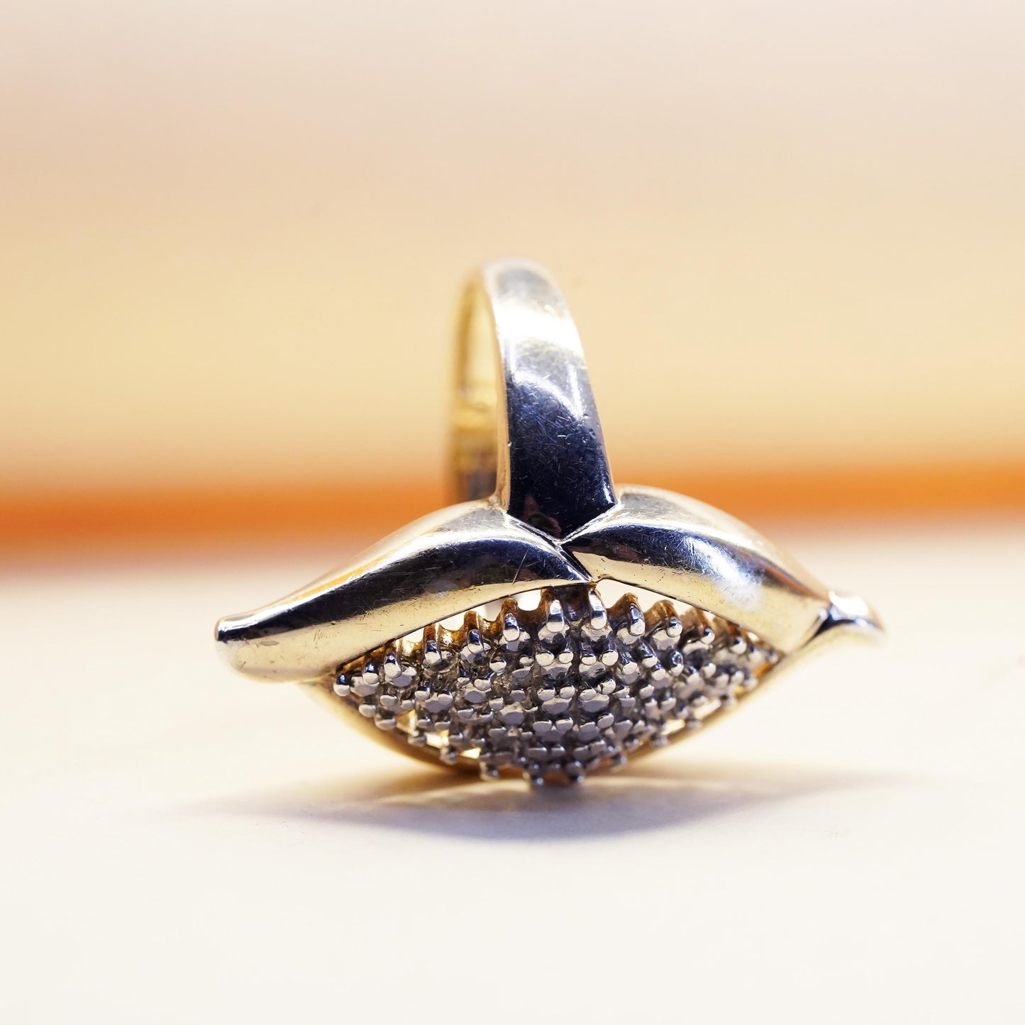 Size 7, Vermeil gold over sterling 925 silver statement ring with diamond
