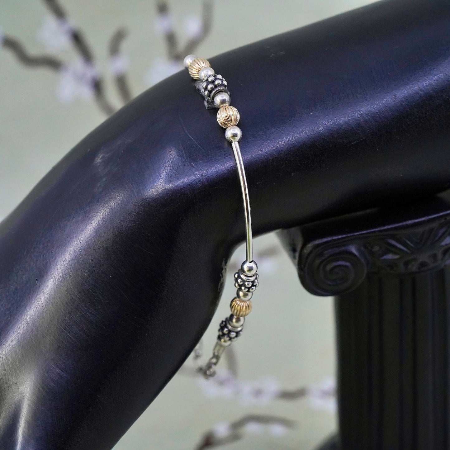 6+2”, two tone 14K yellow gold and sterling silver 925 handmade beaded bracelet
