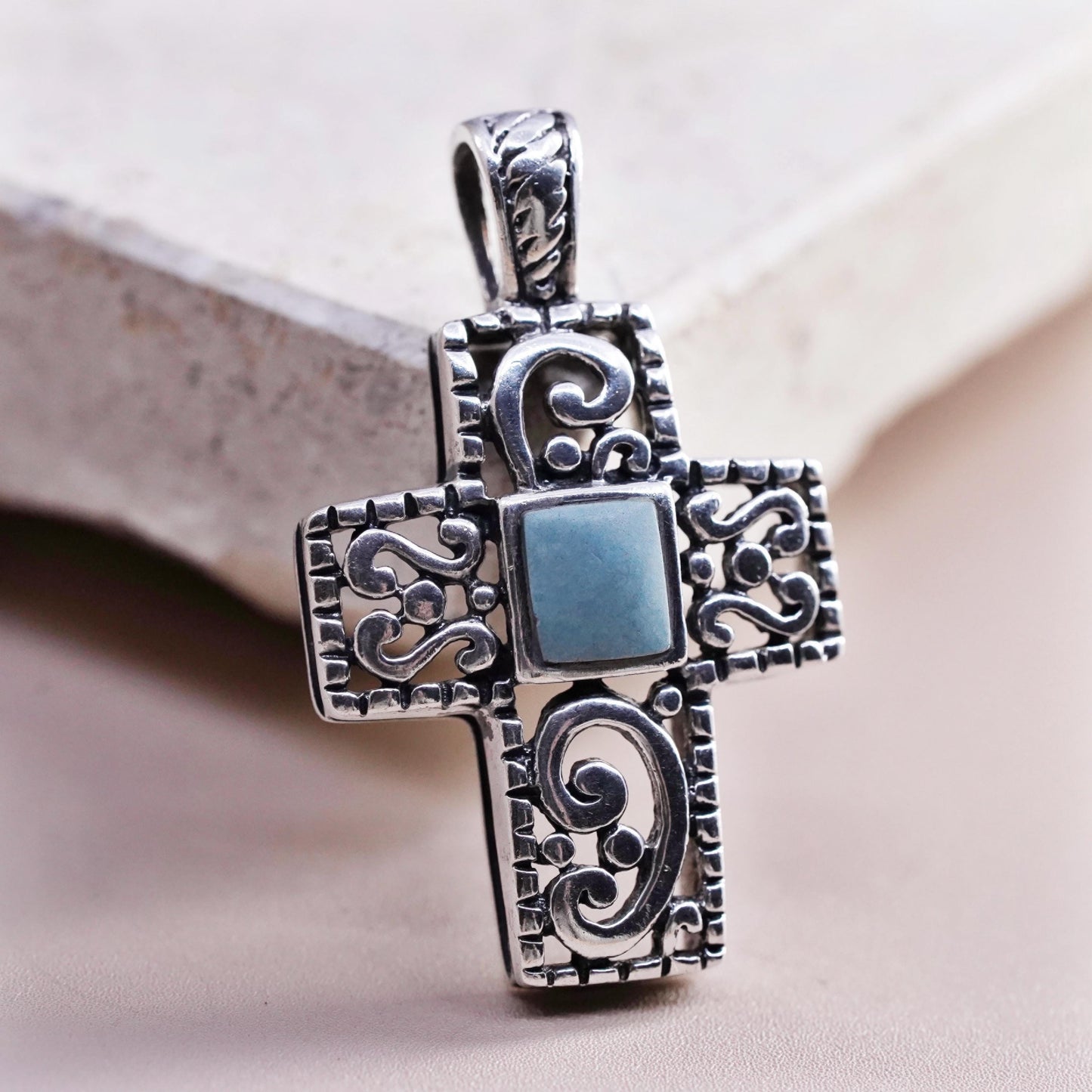 Vintage Sterling silver handmade pendant, 925 filigree cross with turquoise