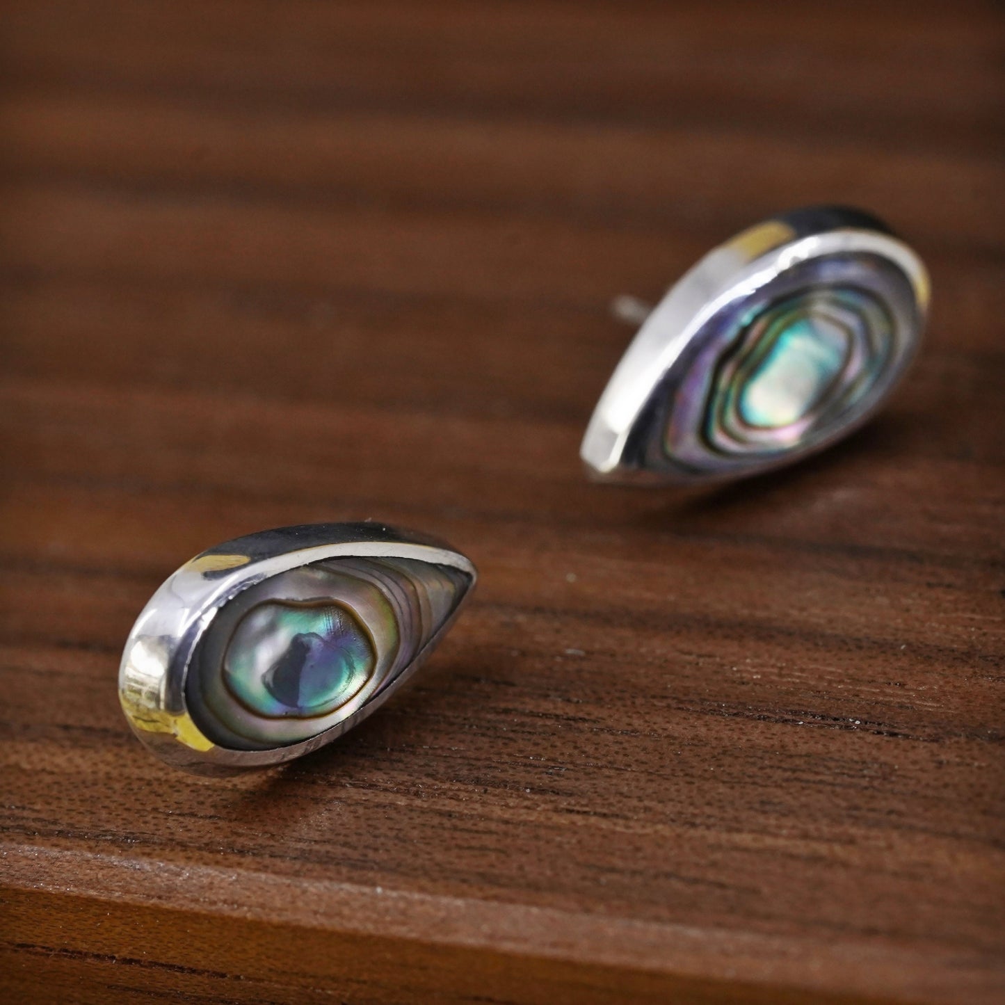 veg Mexican Sterling Silver handmade Earrings, 925 teardrop studs with abalone