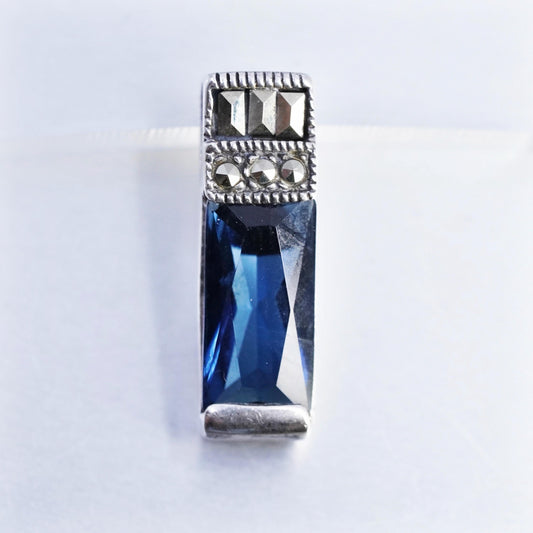 Vintage sterling 925 silver handmade pendant with sapphire and marcasite