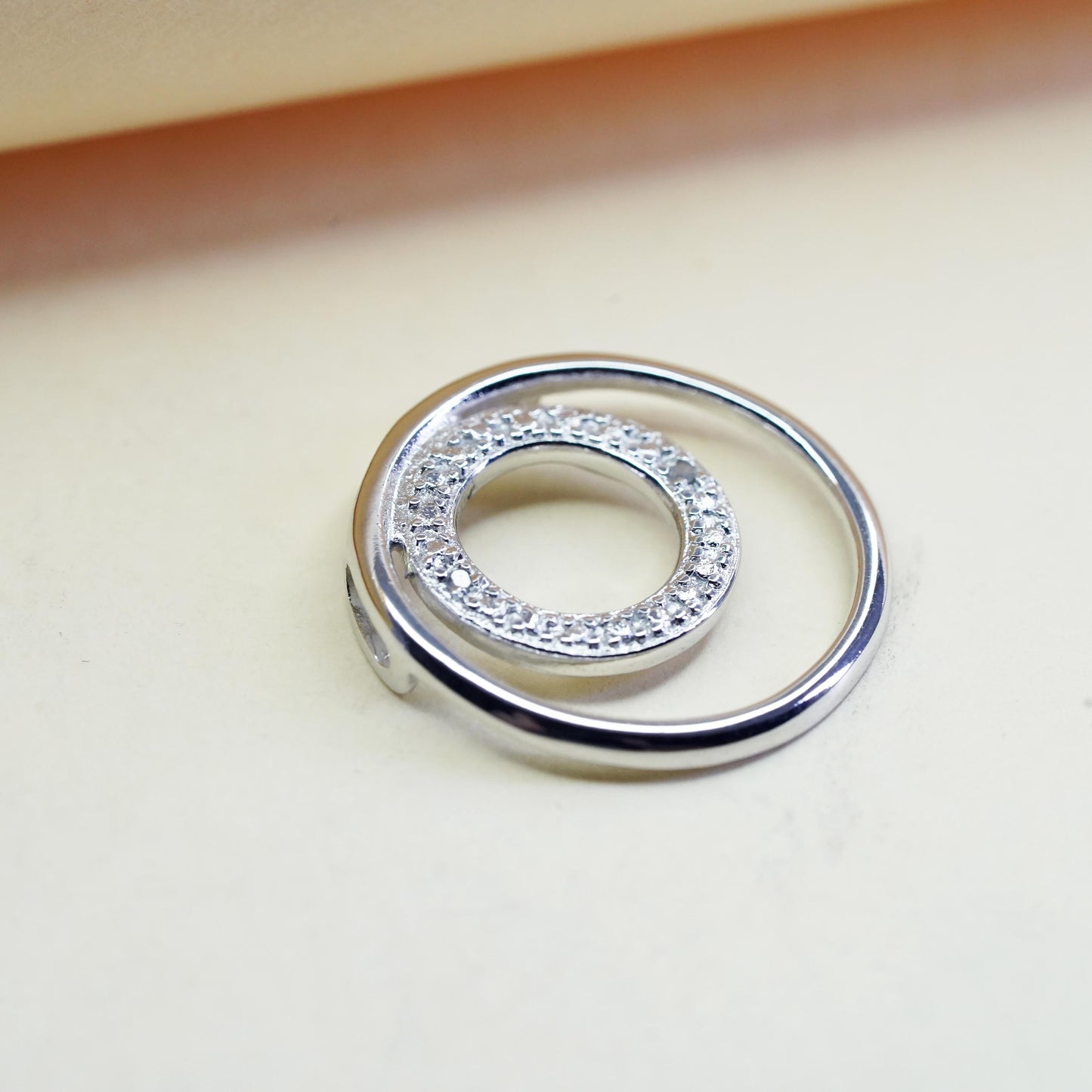 Vintage modern sterling silver pendant, 925 double circle with diamond