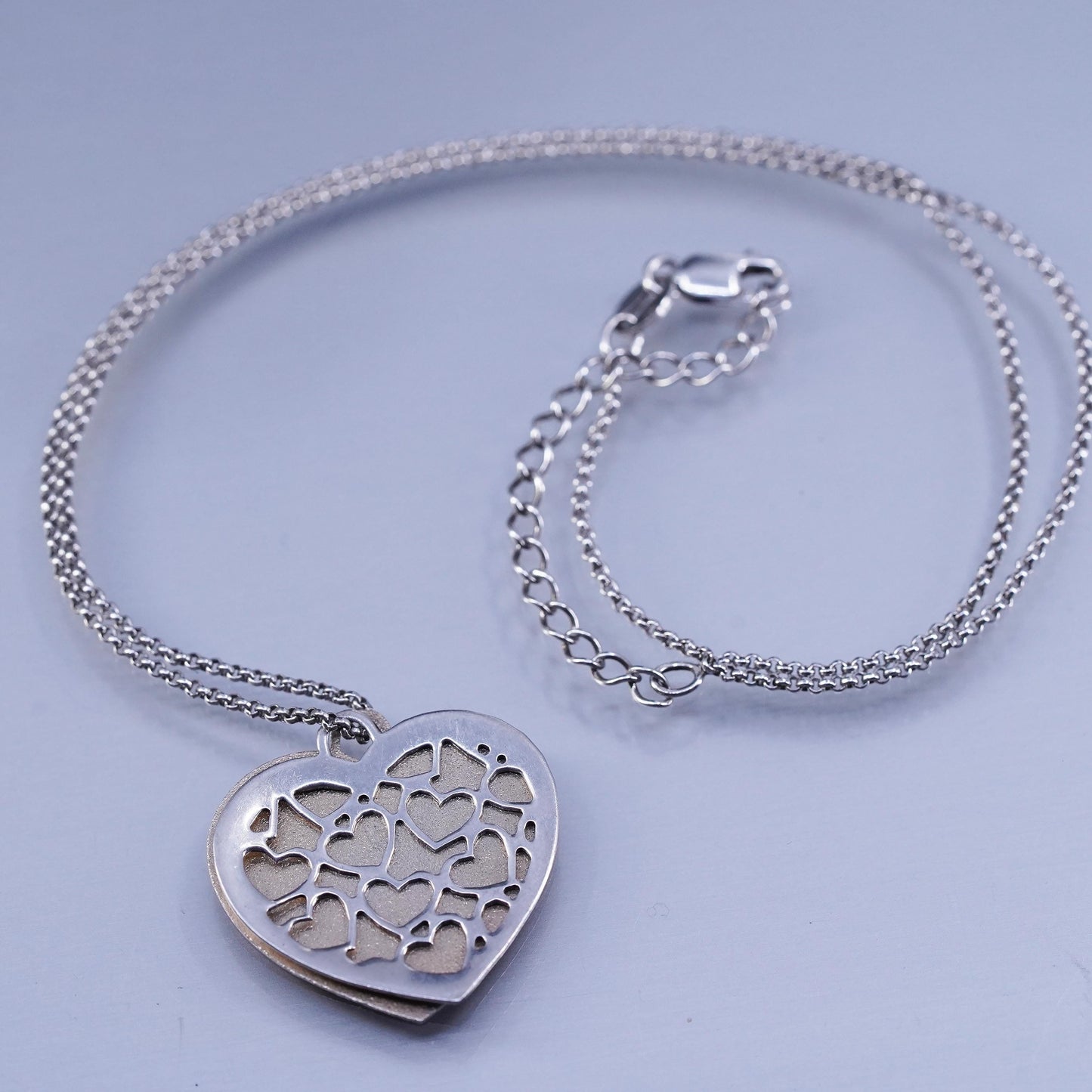 14+2”, vintage two tone Sterling 925 silver circle necklace with heart pendants