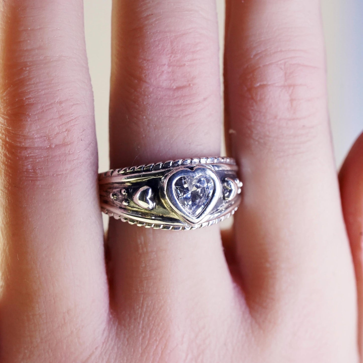 Size 10, Vintage sterling silver handmade ring, engagement ring with heart cz