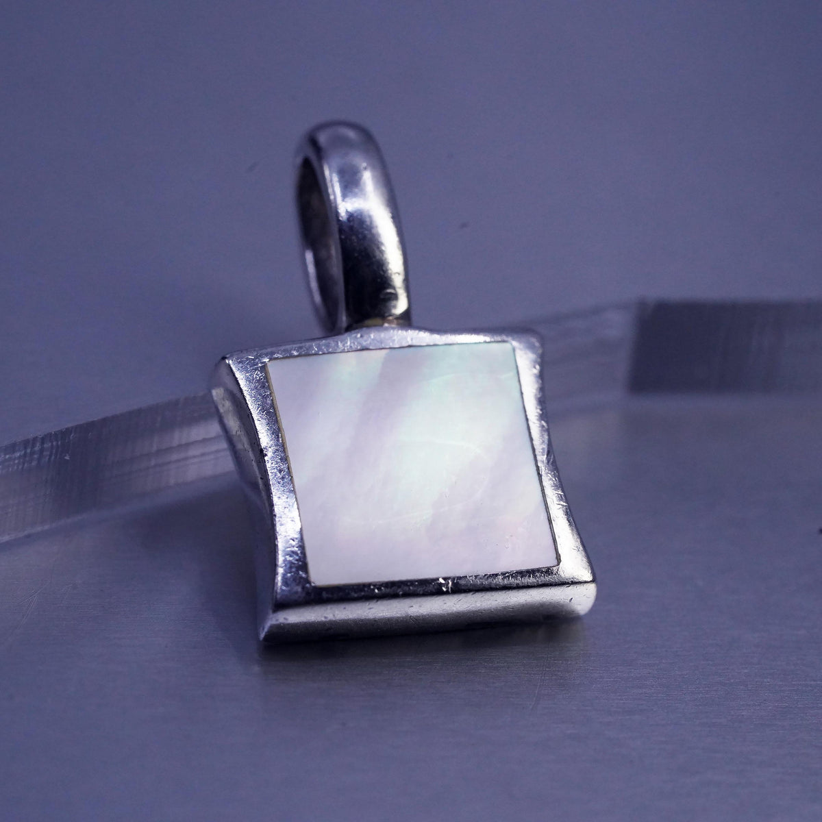 Vintage sterling 925 silver square pendant with mother of pearl inlay