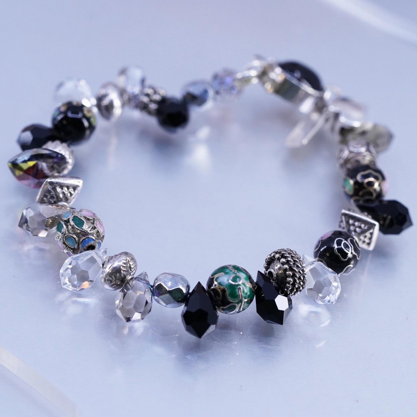 6.5", Vintage Lori B Sterling 925 Silver Bracelet w/ Crystal beads heart charms