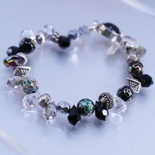 6.5", Vintage Lori B Sterling 925 Silver Bracelet w/ Crystal beads heart charms