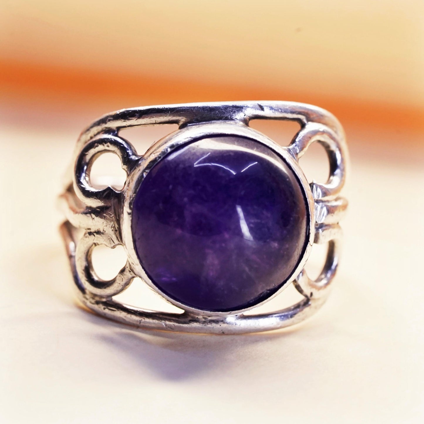Size 8, vintage Sterling silver handmade ring, 925 band with dome amethyst