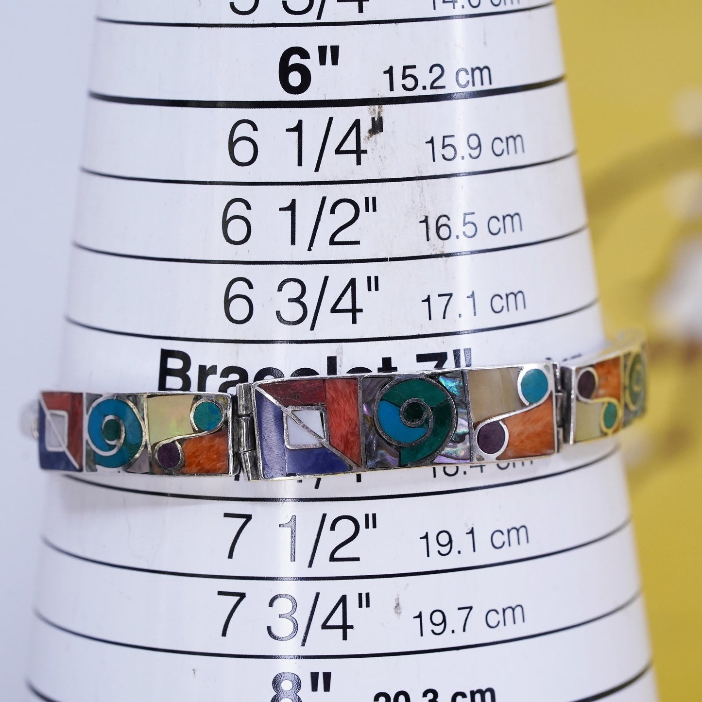 7”, vintage Peruvian Sterling silver handmade bracelet, Inca chakra 950 circle