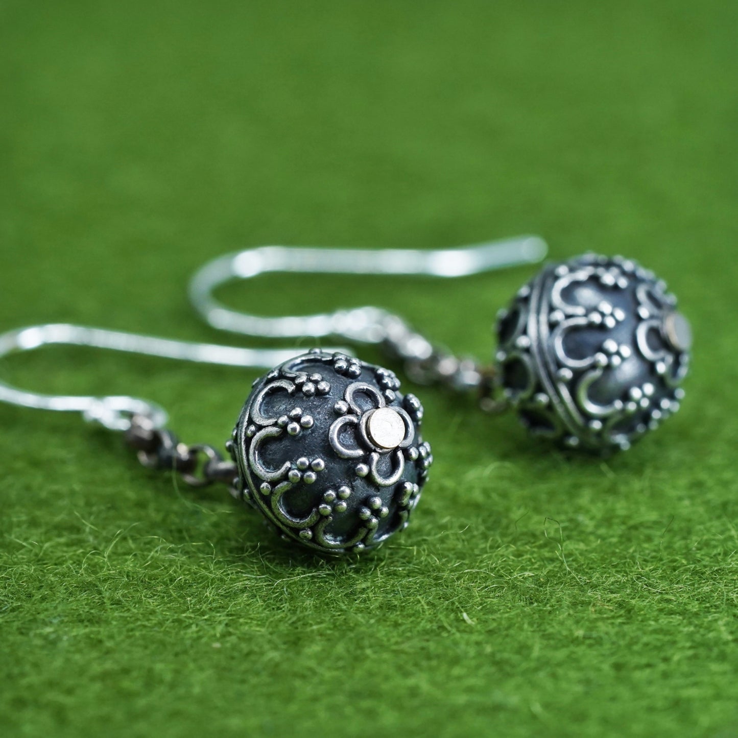 Vintage Sterling silver handmade Bali earrings, 925 swirl patterned bead