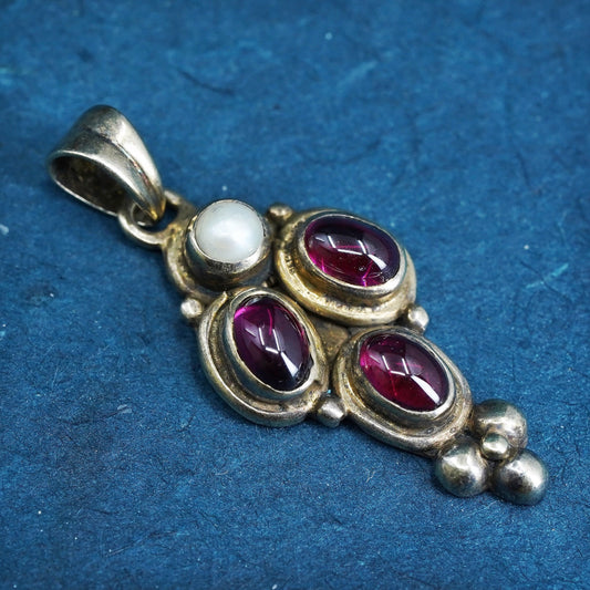 Vintage Sterling 925 silver handmade pendant with garnet and pearl