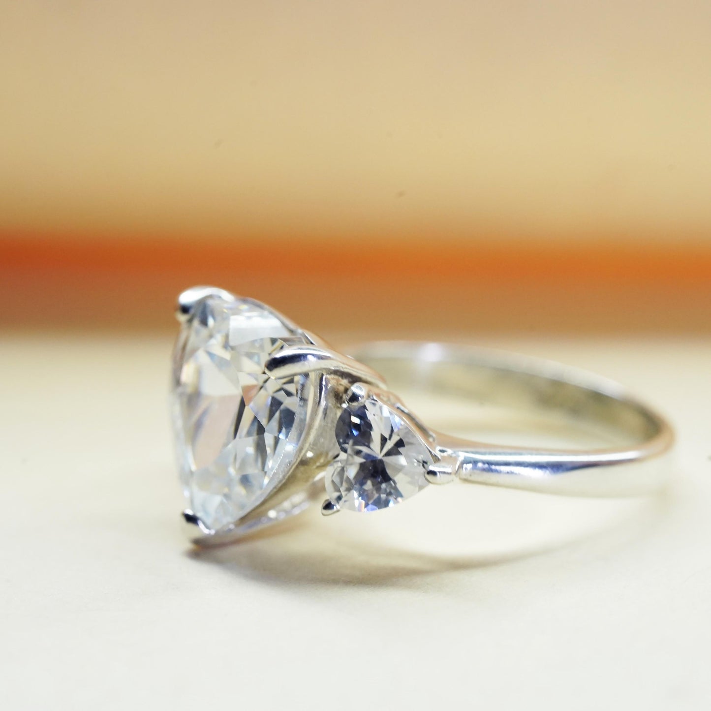 Size 5, Vintage sterling silver handmade ring, engagement ring with heart cz