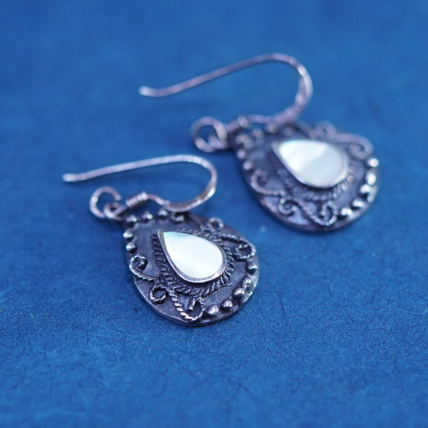 Sterling 925 silver handmade teardrop earrings with mother of pearl and beads