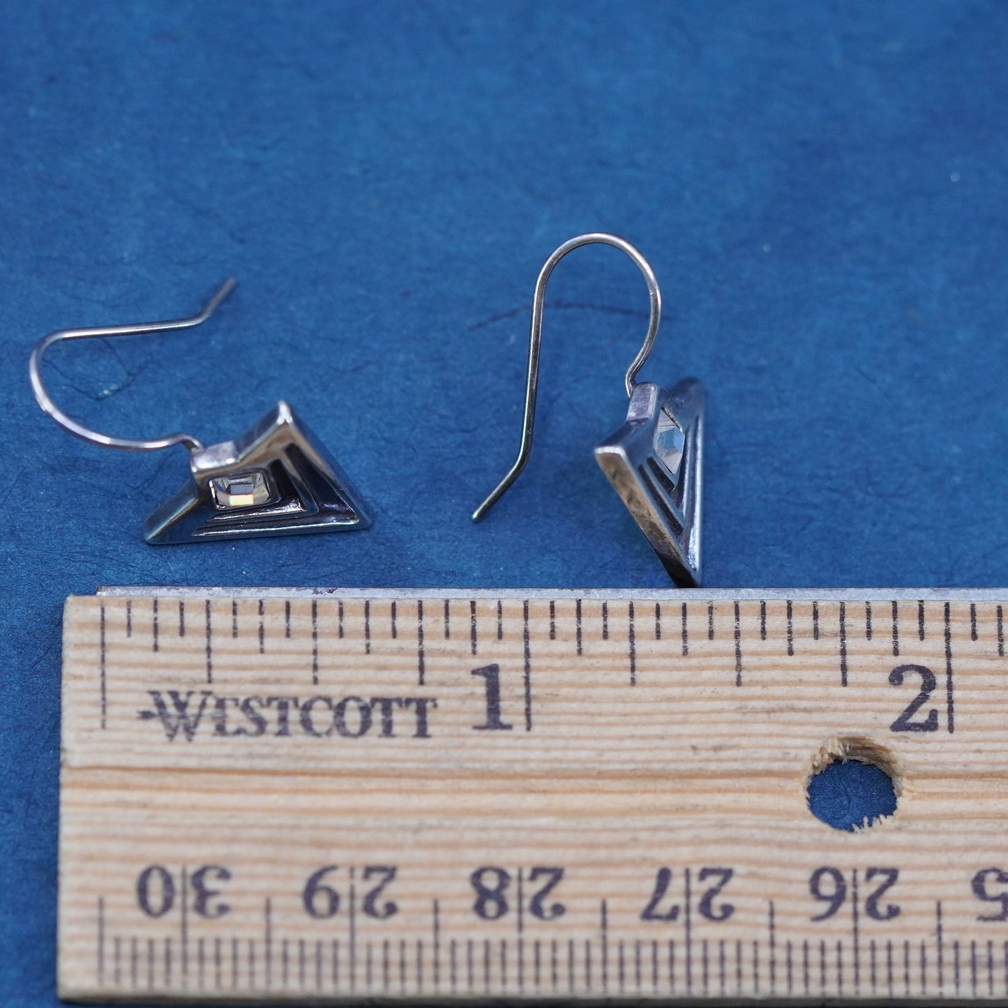 Vintage southwestern sterling 925 silver handmade triangular earrings with cz