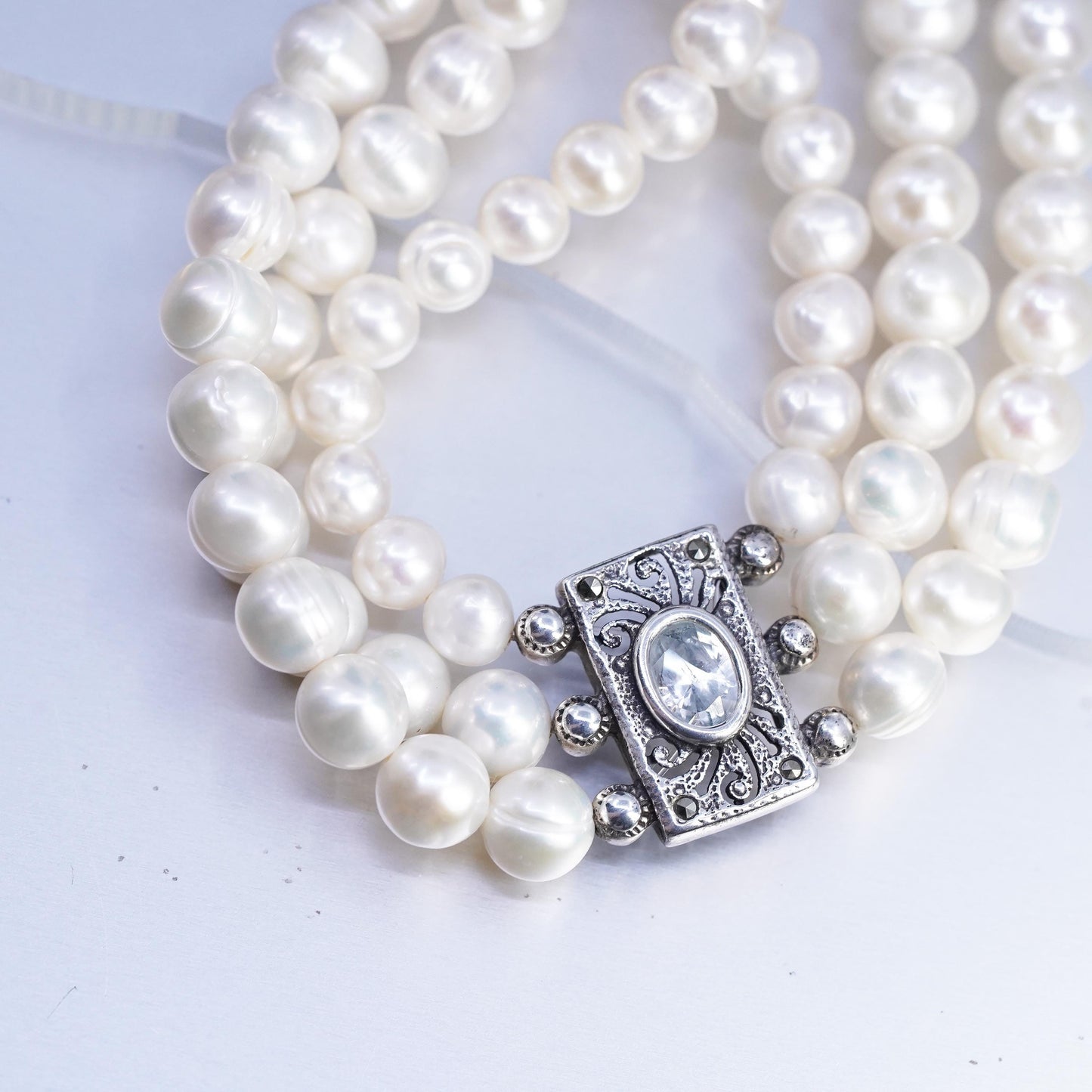 16", multi strands freshwater pearl necklace Sterling 925 silver cz marcasite