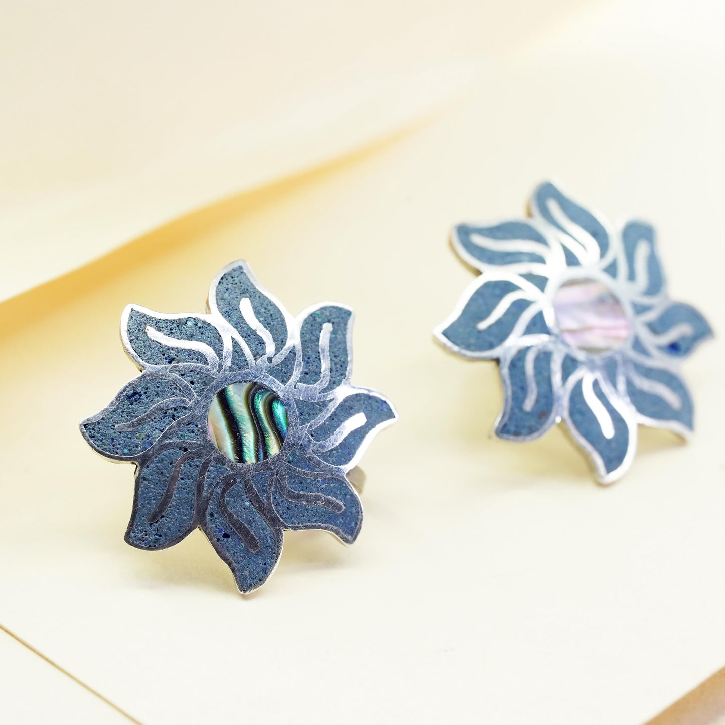 Taxco Hecho En Sterling silver flower earrings, 925 screw back sodalite abalone
