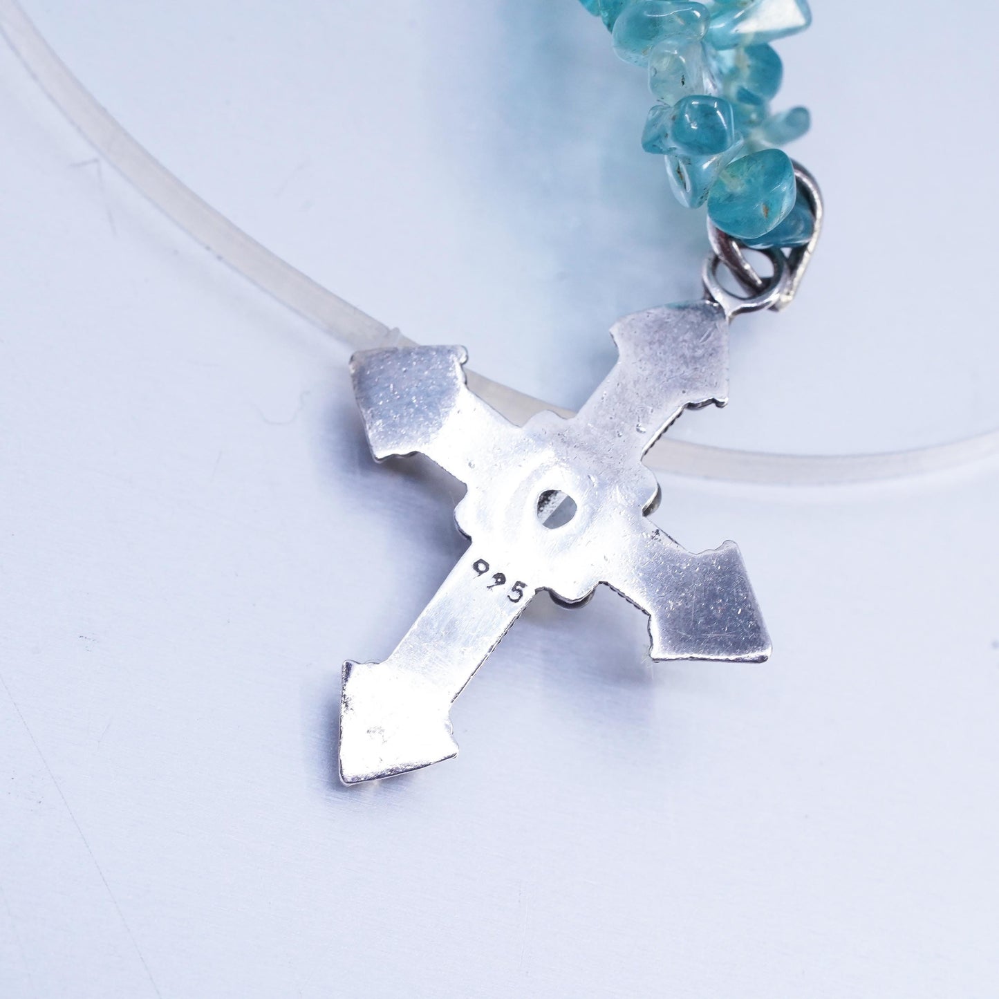 16", Sterling 925 silver necklace with nugget apatite beads and cross pendant