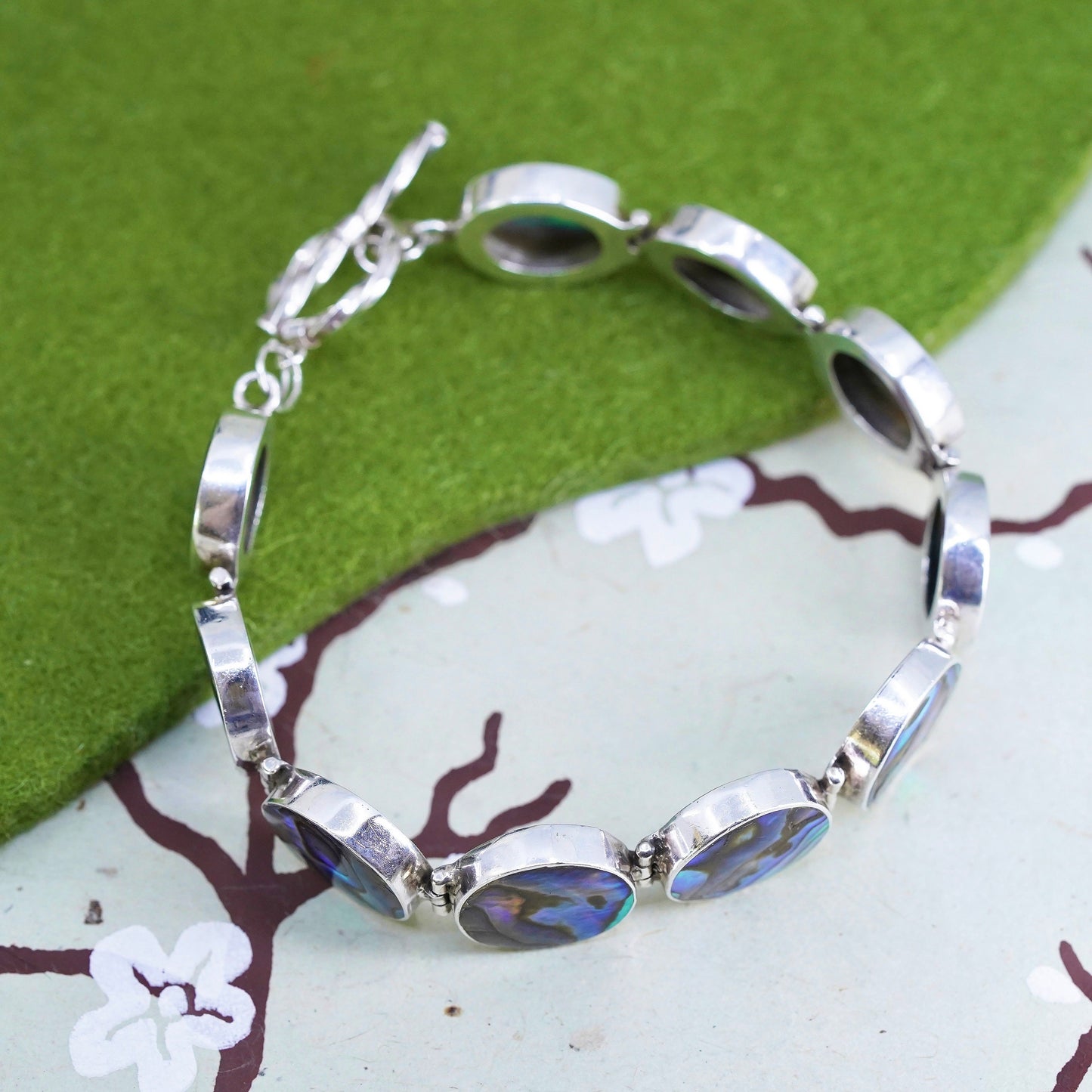 7”, vintage sterling 925 silver handmade bracelet with abalone