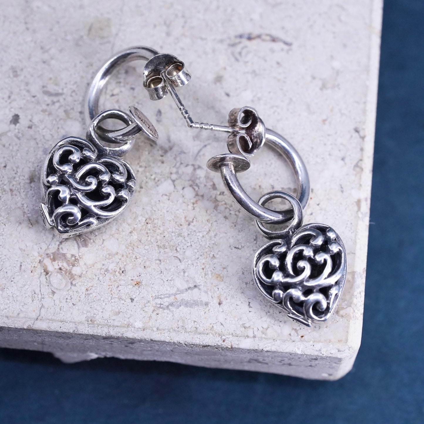 0.5”, Sterling silver earrings, 925 huggie hoops with double sided heart charms