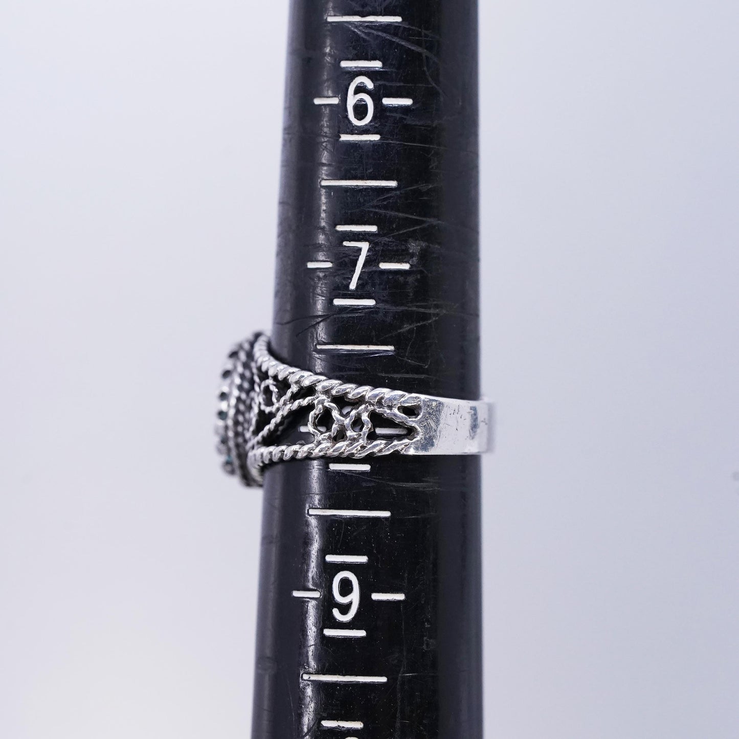 Size 8, vintage southwestern Sterling 925 silver handmade filigree ring topaz