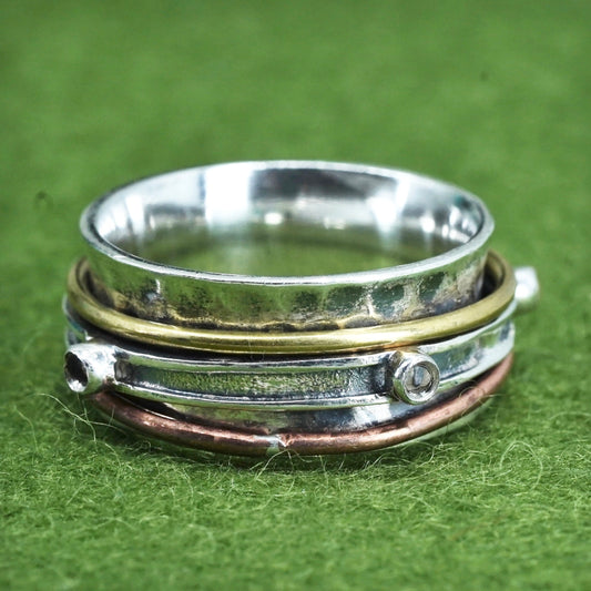 Size 8, vintage triple tone Sterling silver 925 spinner ring coral brass detail