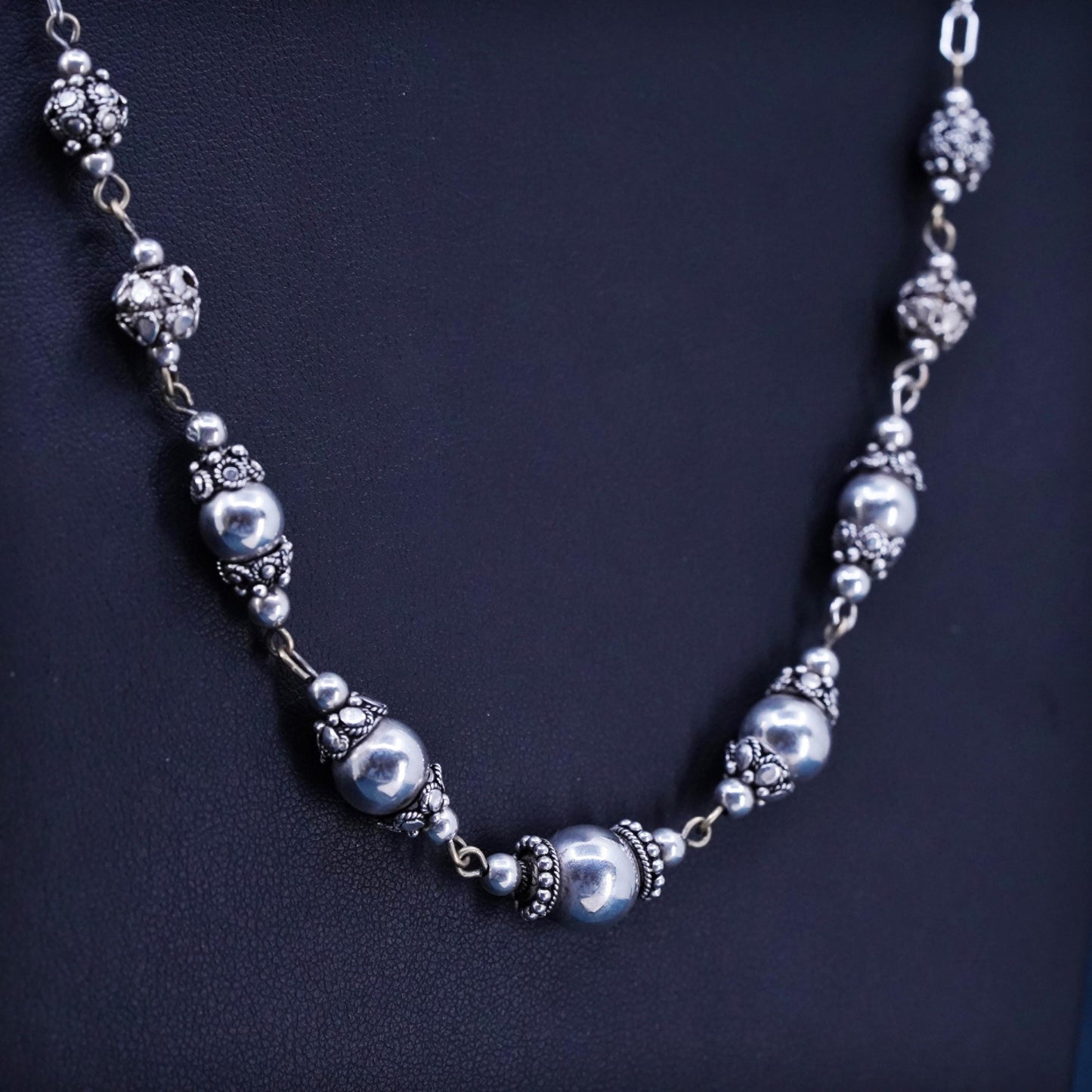 19”, vintage Sterling silver handmade necklace, 925 elongated chain 10mm beads