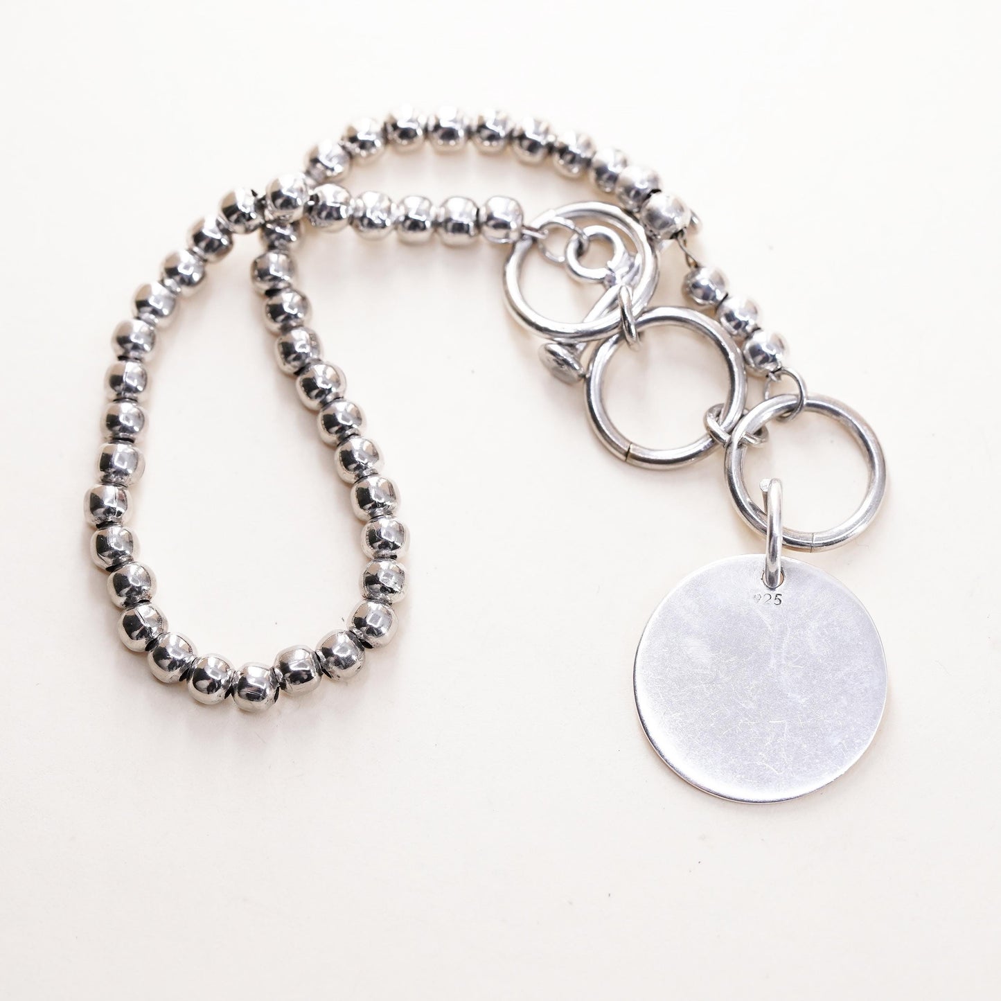7.25+1”, Vintage Sterling silver bracelet, 925 bead chain name tag “Dovella”