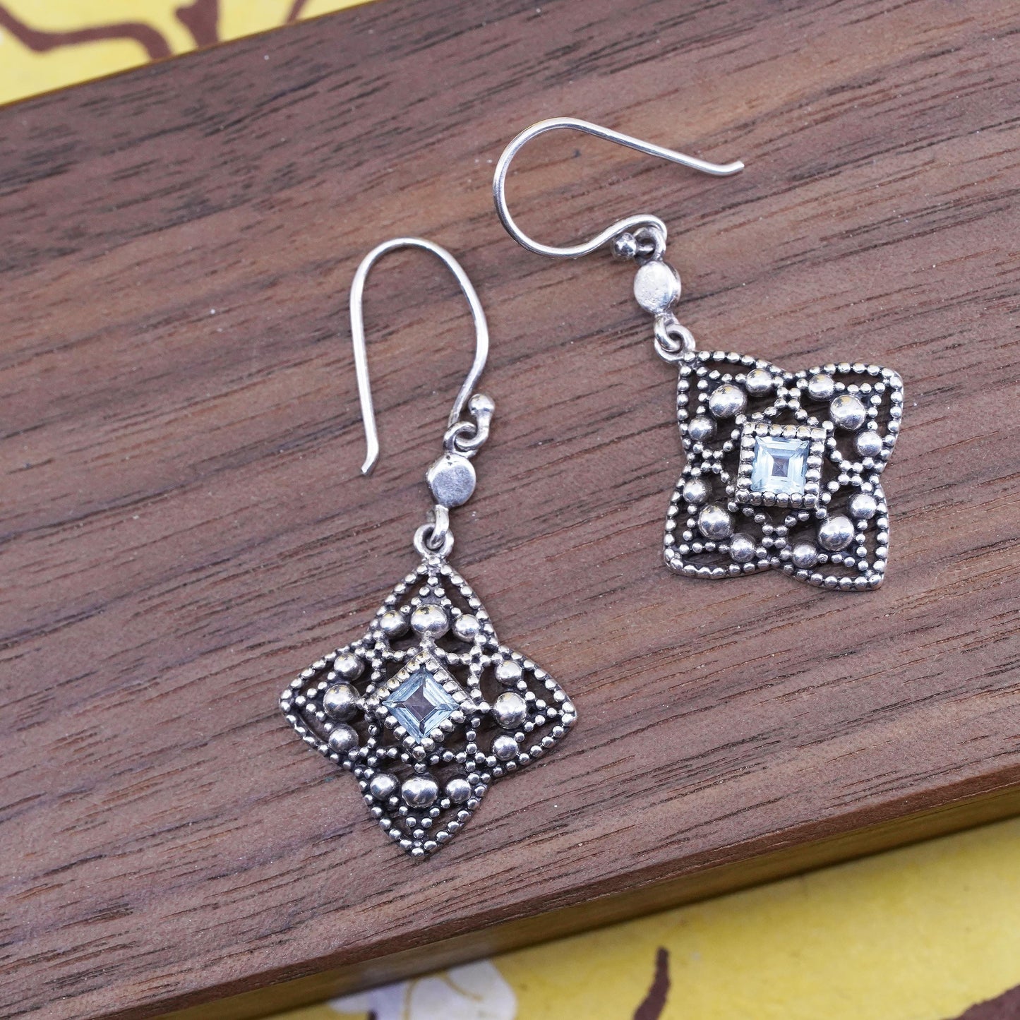 Vintage Sterling silver handmade earrings, 925 beaded dangles with blue topaz