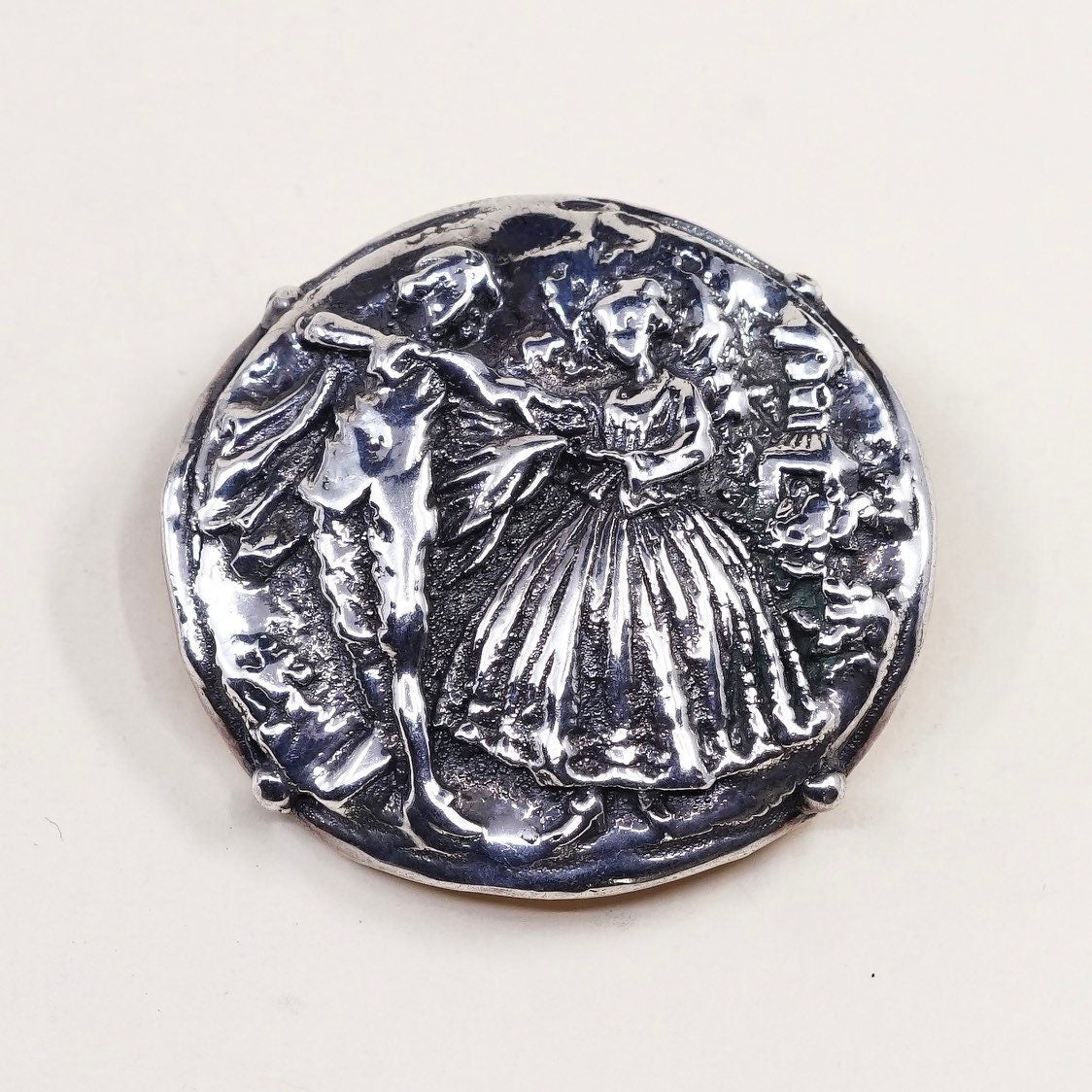 Vintage Sterling silver handmade brooch, puffy 925 silver pin pendant with 18 century dancer, stamped 925