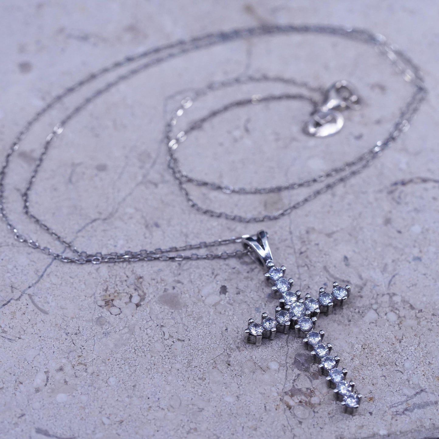 18”, 1mm, vintage Sterling silver necklace, 925 circle chain with cross pendant and Cz