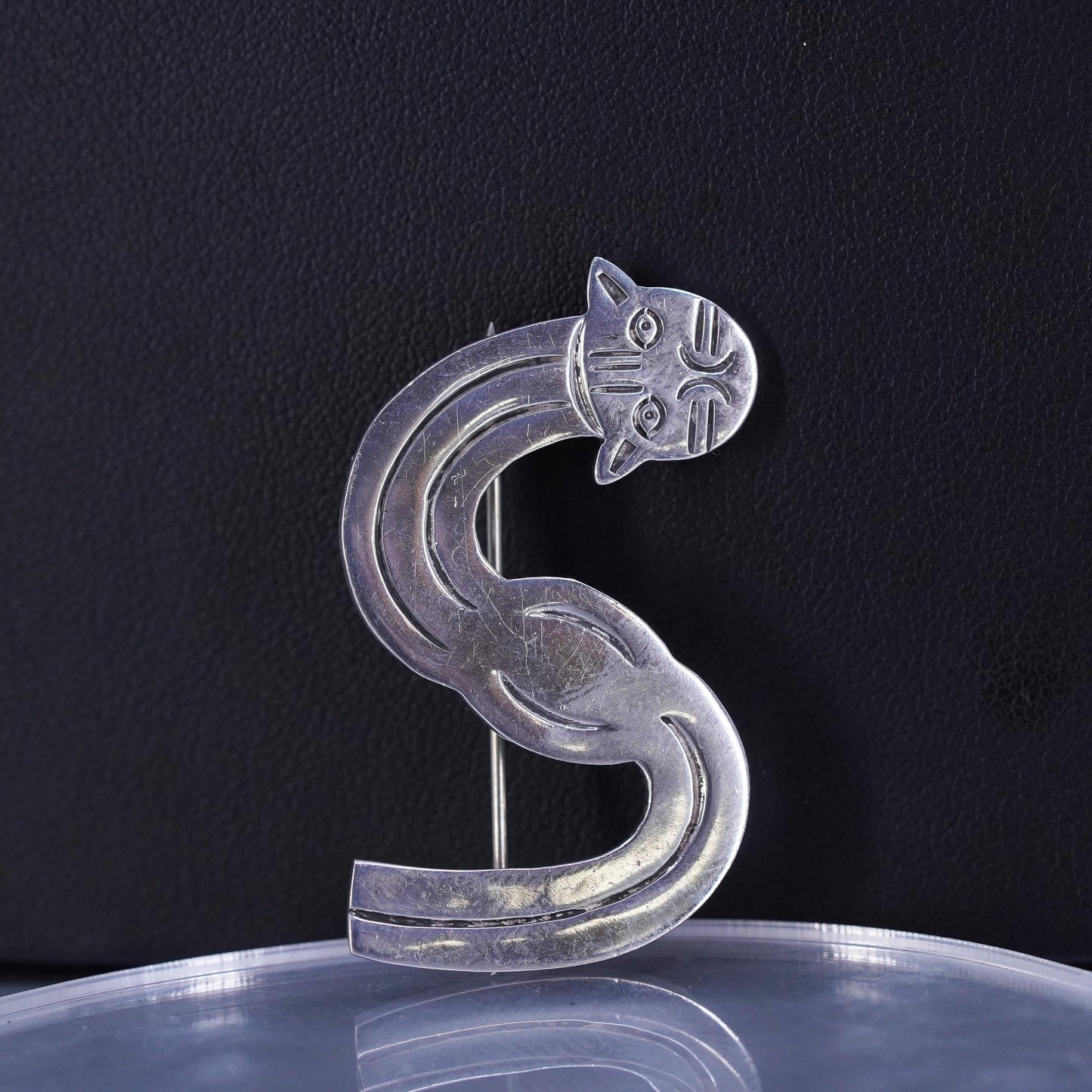 Vintage sterling silver handmade brooch, 925 letter S kitty cat pin