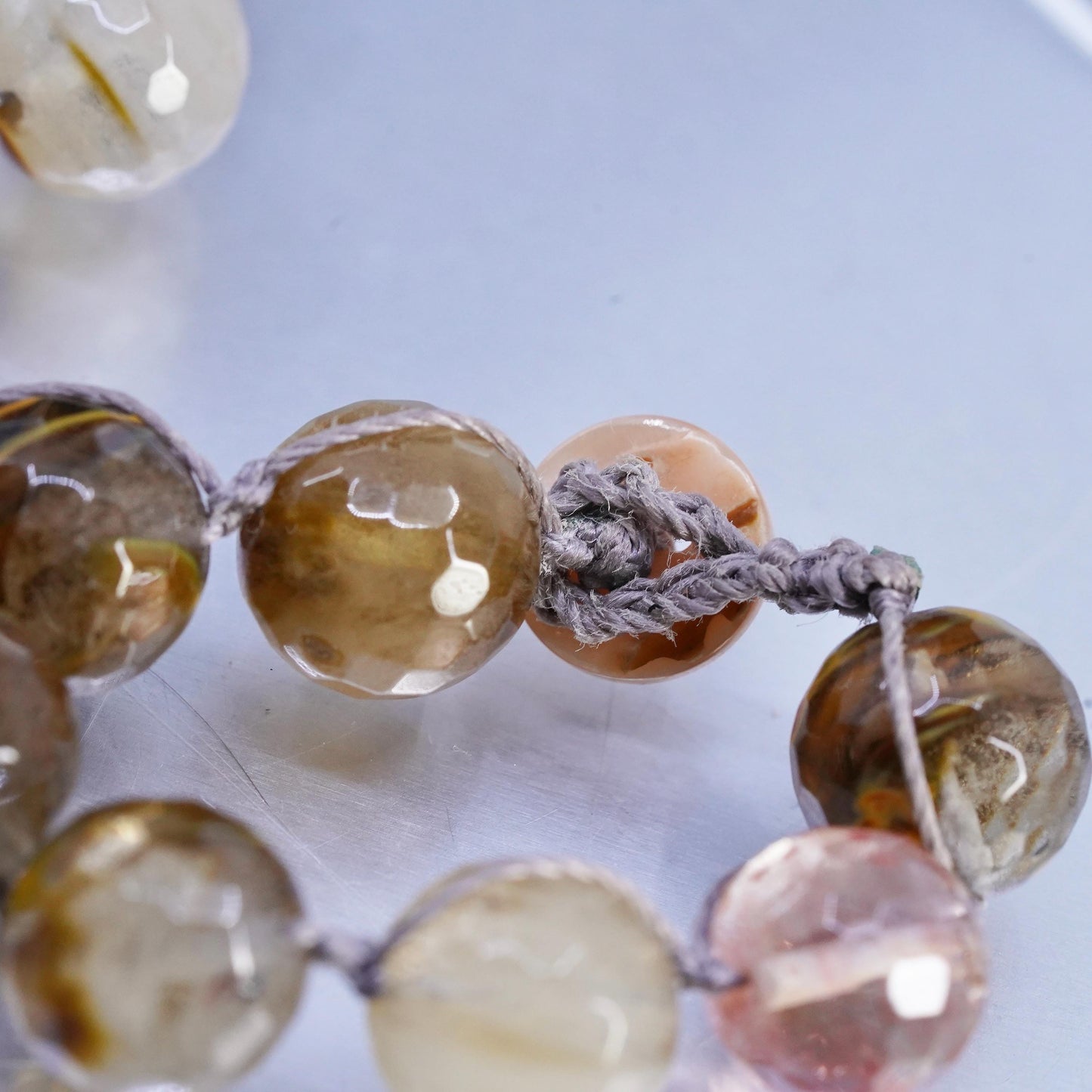 16", Vintage handmade agate pink quartz handmade linens thread necklace
