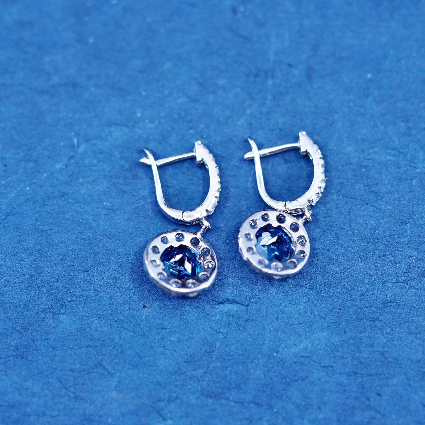 Vintage sterling 925 silver handmade round earrings with blue topaz and cz