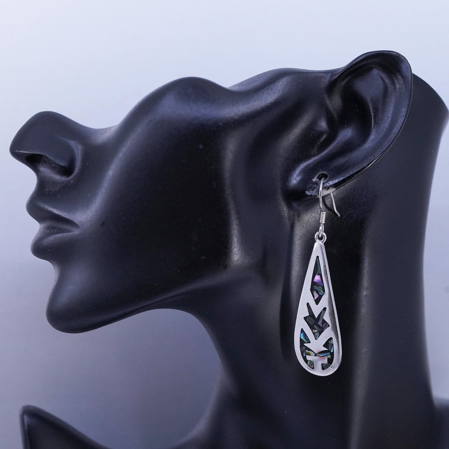 Vintage Mexican Sterling 925 silver handmade teardrop earrings abalone inlay
