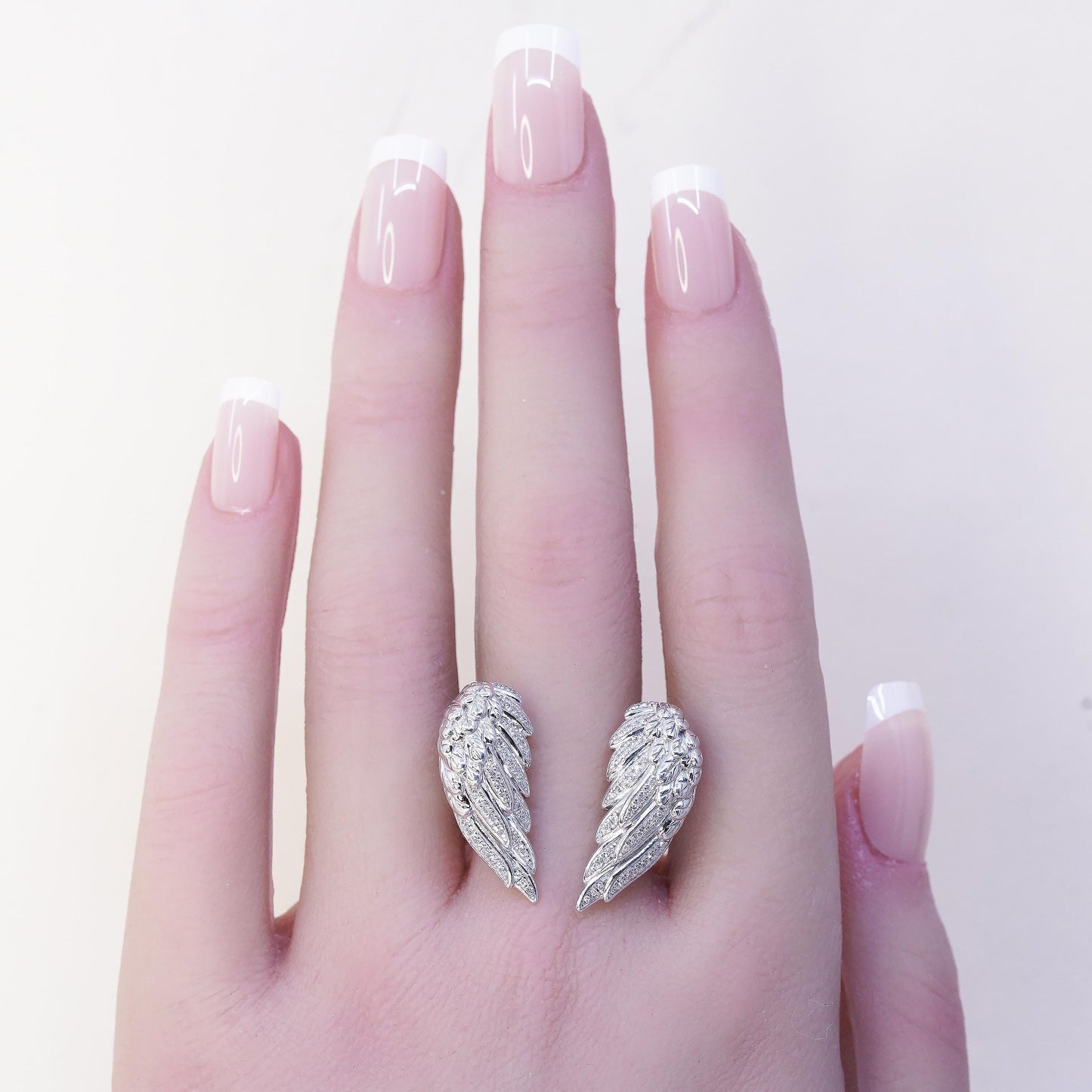 Size adjustable VTG EA sterling 925 silver angel wings ring cluster diamonds