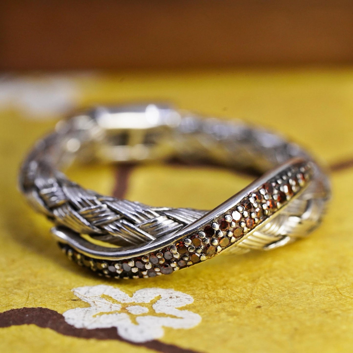 Size 7.5, Designer JS Sterling 925 silver woven braided ring cluster citrine