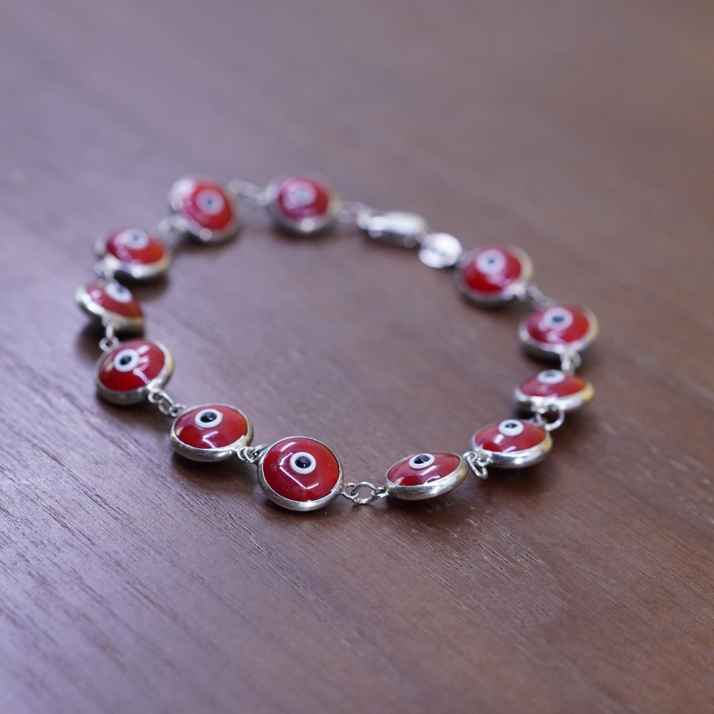 7.75”, vintage sterling 925 silver handmade bracelet red evil eye bracelet