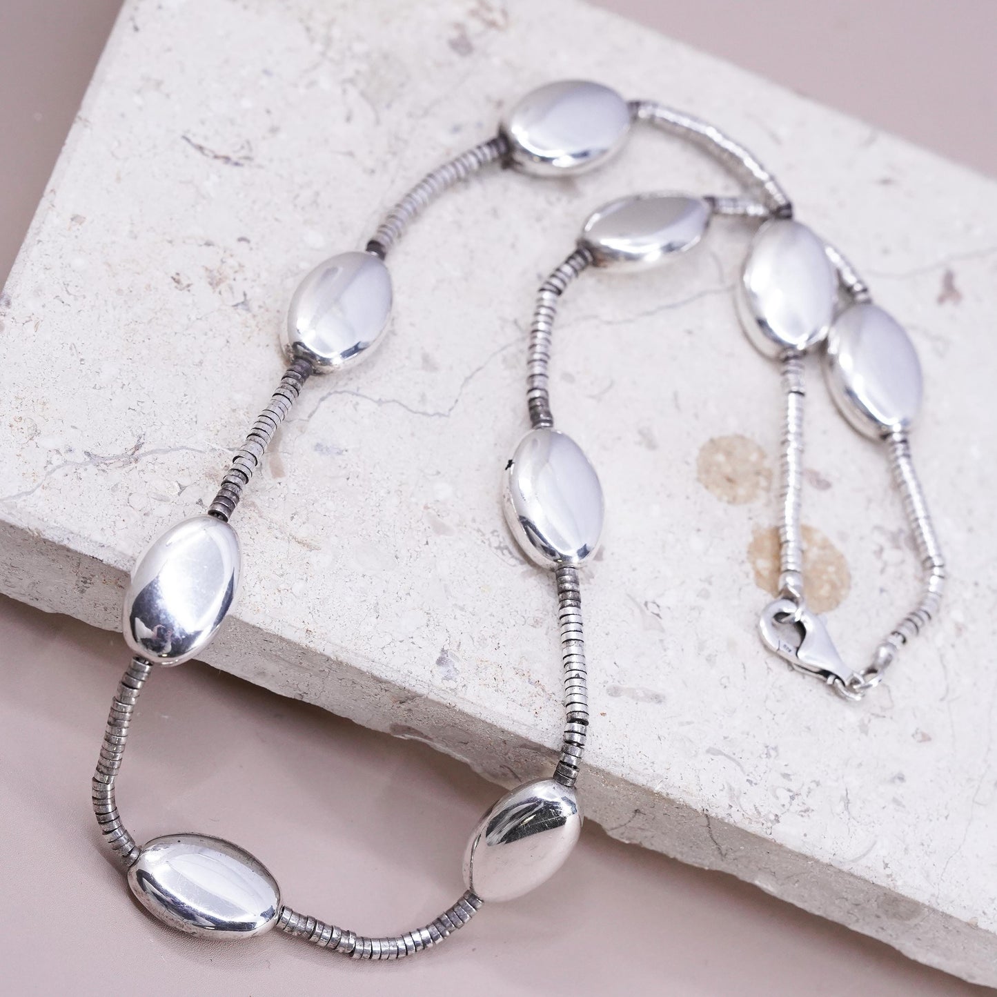 18", vintage Native American Sterling silver heishi necklace w/ 925 oval beads