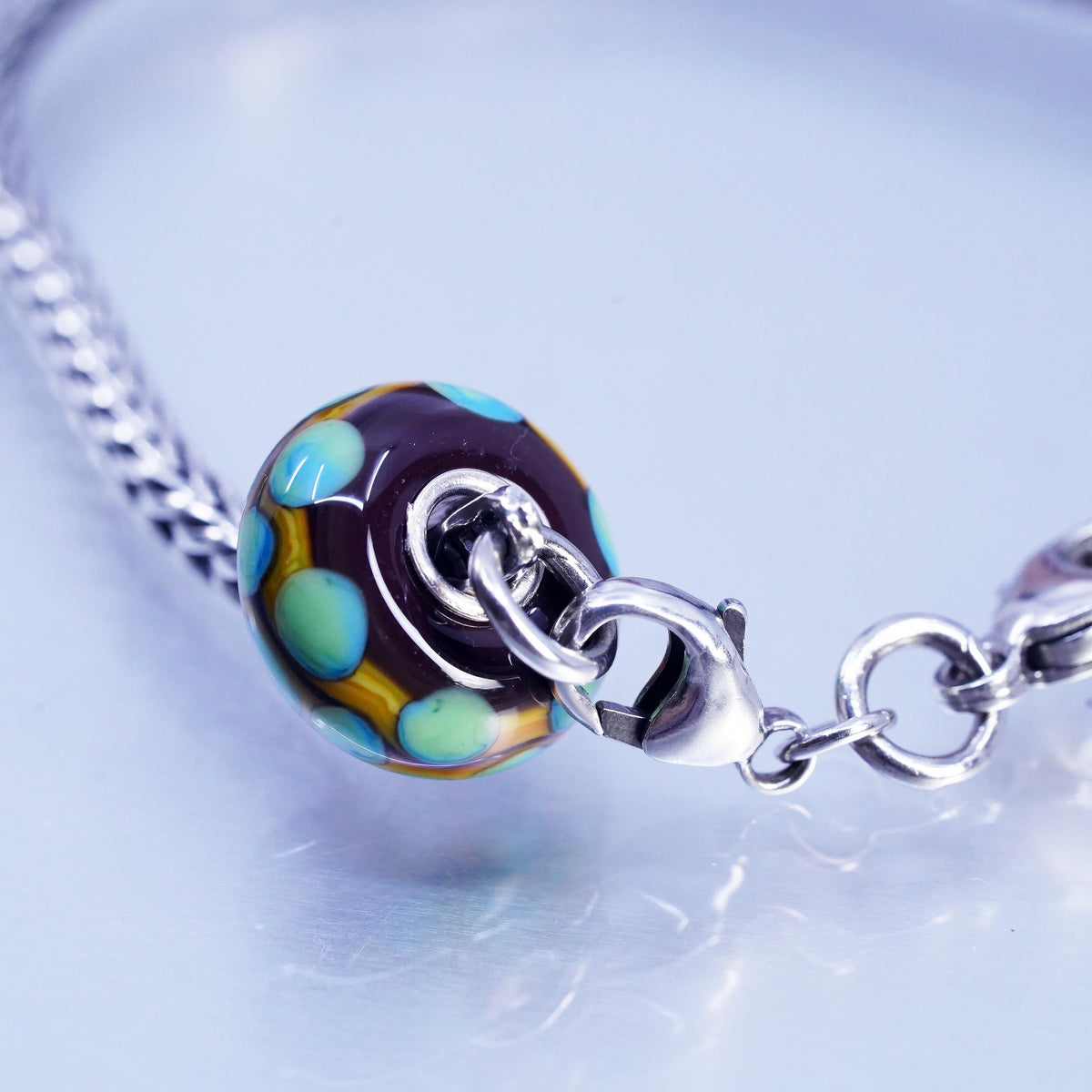 7” trollbead LAA sterling silver bracelet, bold 925 wheat artisan glass charms