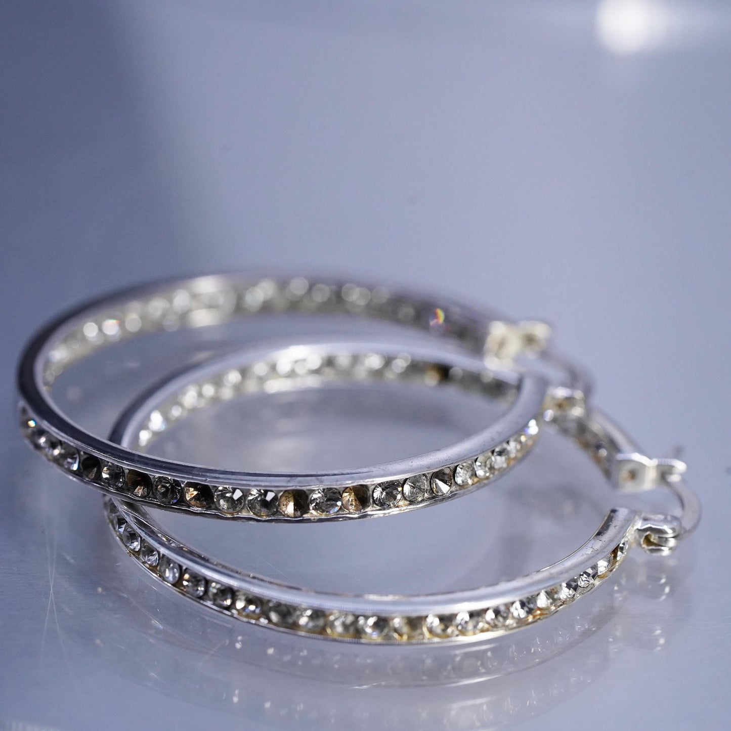 1.5", MISSING CZ vintage Sterling silver earrings, 925 hoops with cluster cz