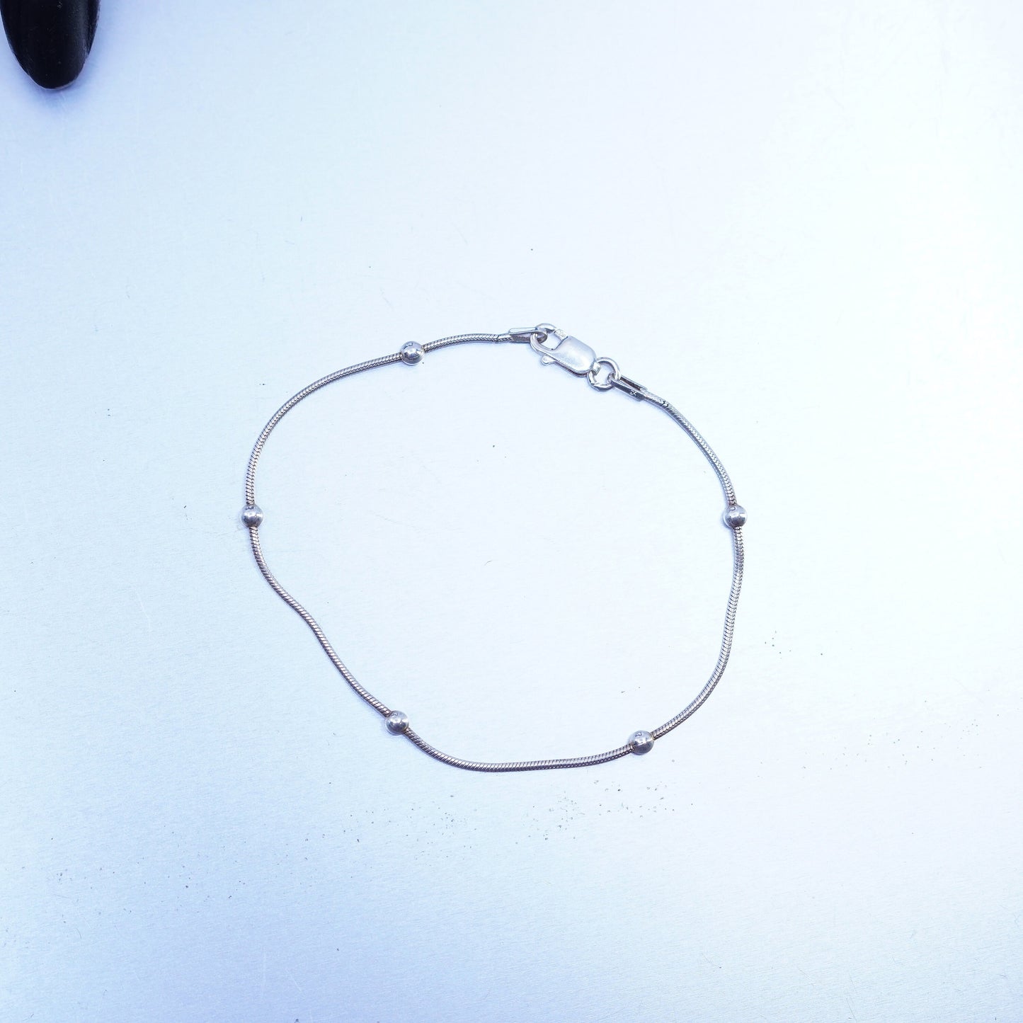 7”, 1mm, Sterling 925 silver handmade bracelet, snake chain with beads