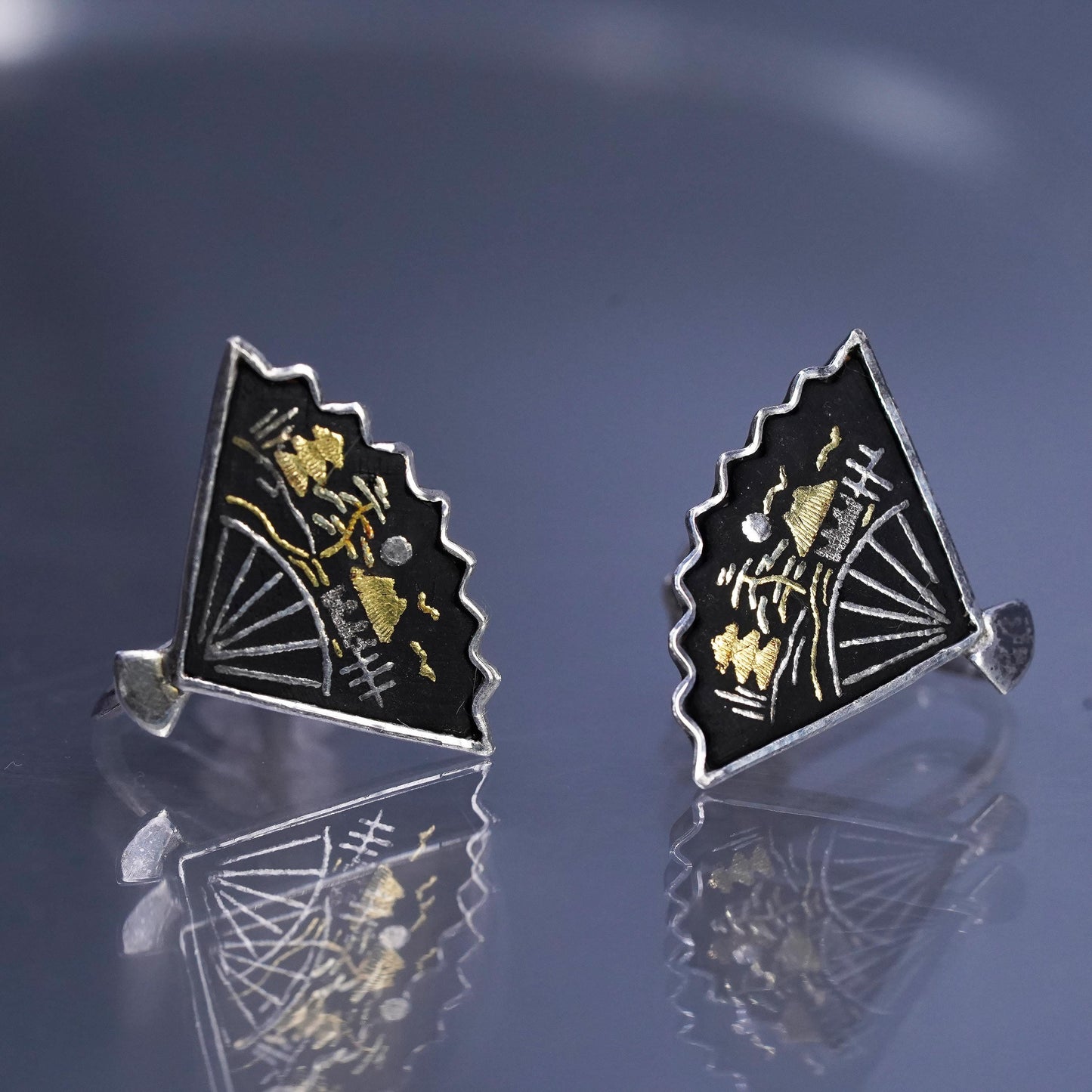 925 Sterling Silver Japanese Damascene Enamel Painted Screw Back Fan Earrings